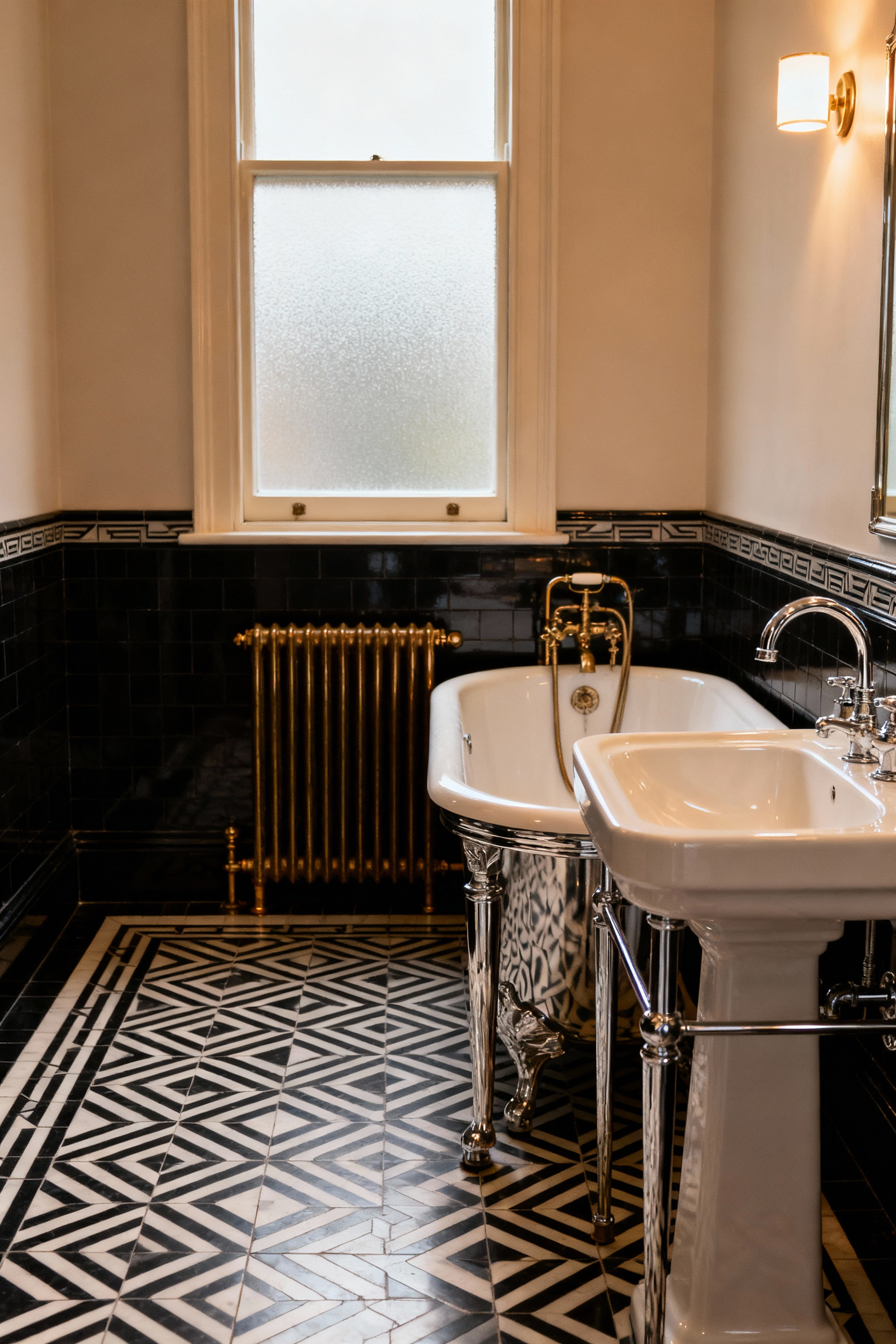 Luxurious vintage bathroom blending contemporary features like a heated towel rail and smart lighting with classic Art Deco tiles, a pedestal sink, and chrome console tub, creating a symbiotic sanctuary.