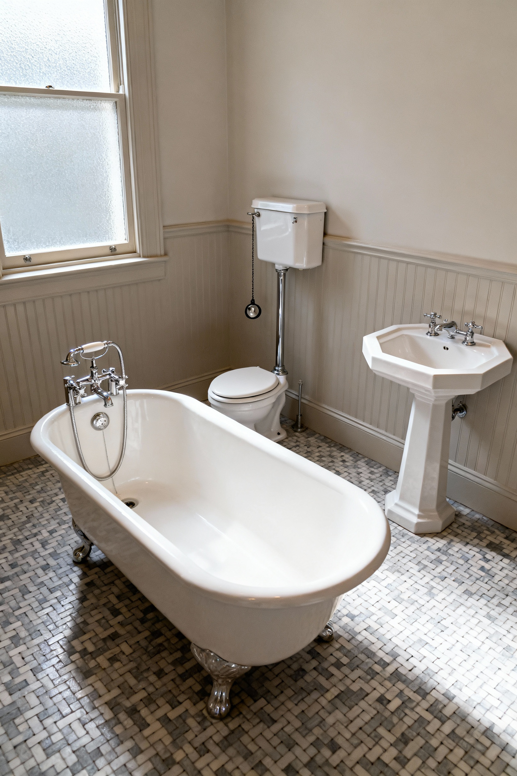 An elegant vintage bathroom showcasing a white clawfoot tub, a high-tank toilet, and a pedestal sink with polished nickel fixtures, under soft natural light from a frosted window.