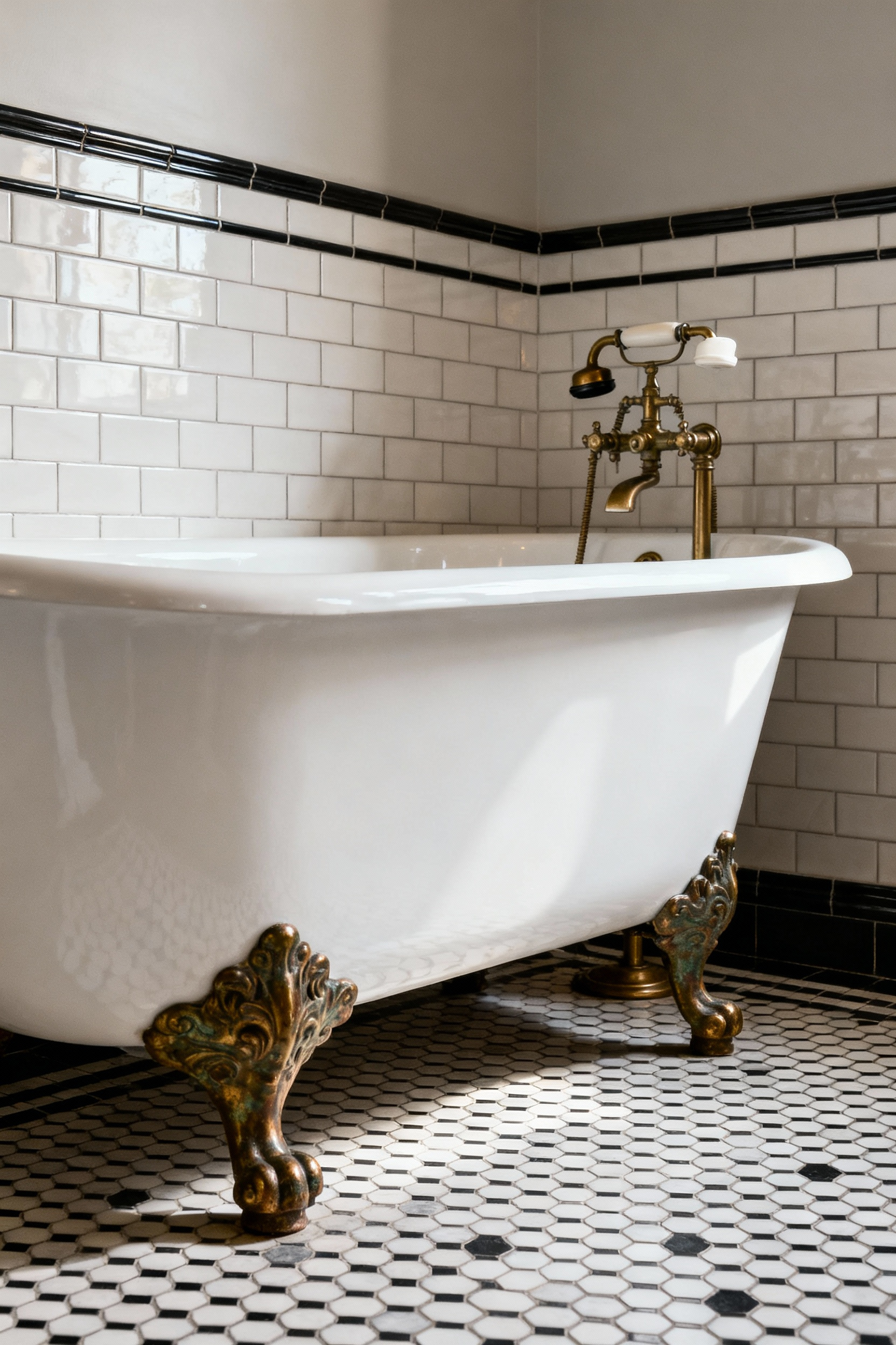 A beautifully restored clawfoot bathtub in a vintage-style bathroom, featuring hexagonal floor tiles, subway tiled walls, and period-appropriate brass fixtures.