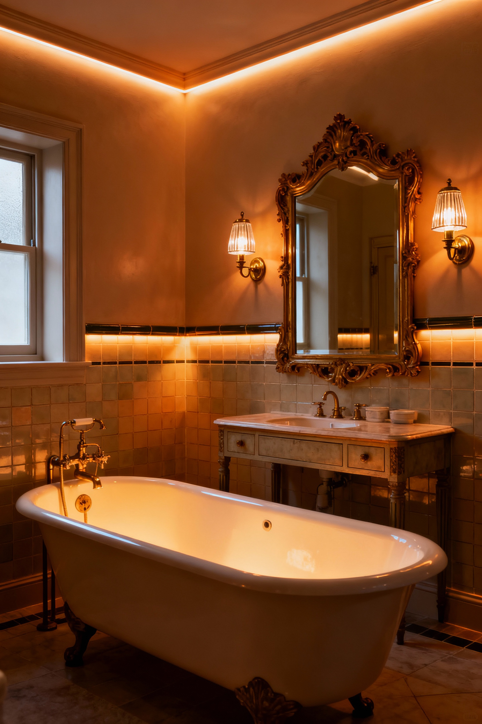 Vintage bathroom with layered lighting, featuring elegant brass sconces, cove lighting, and a clawfoot tub, evoking historical ambiance.