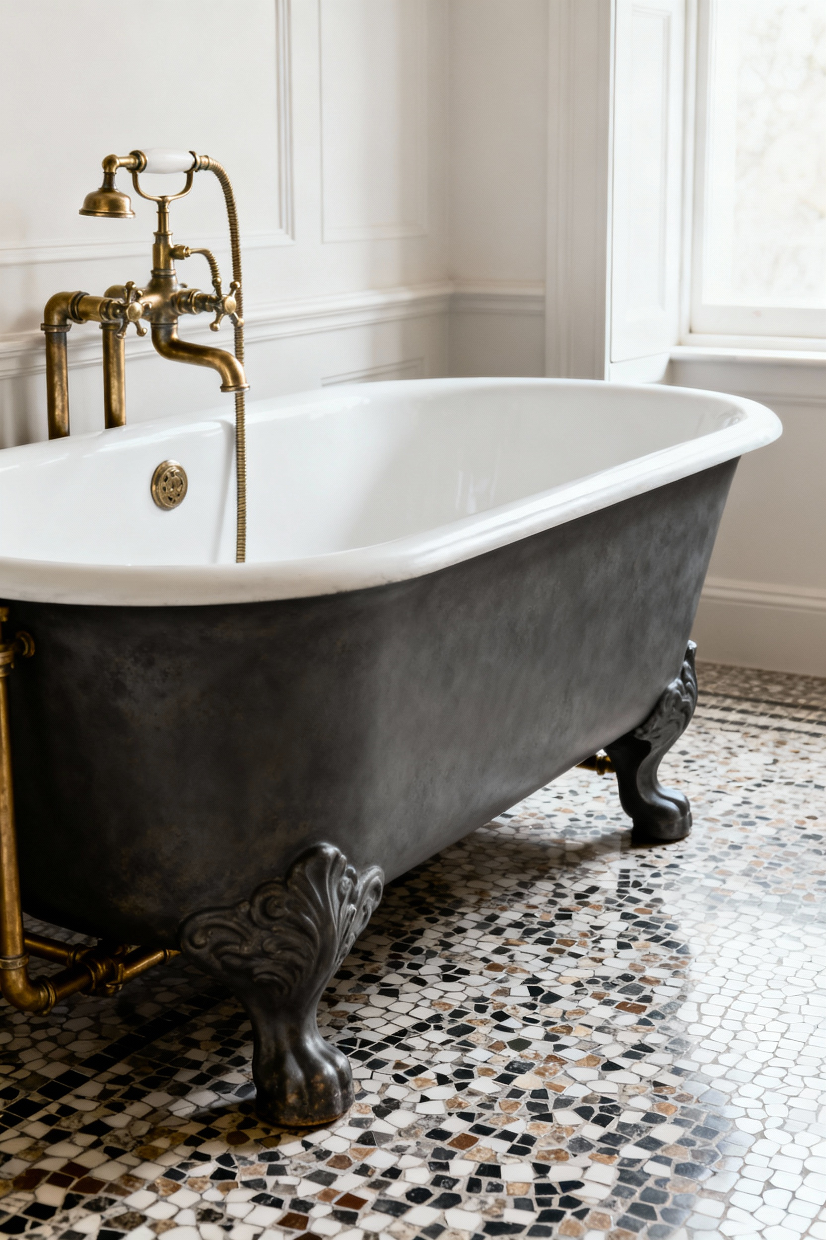 Meticulously restored matte charcoal Edwardian clawfoot tub with unlacquered brass fixtures and mosaic terrazzo floor in a luxurious vintage-inspired bathroom.