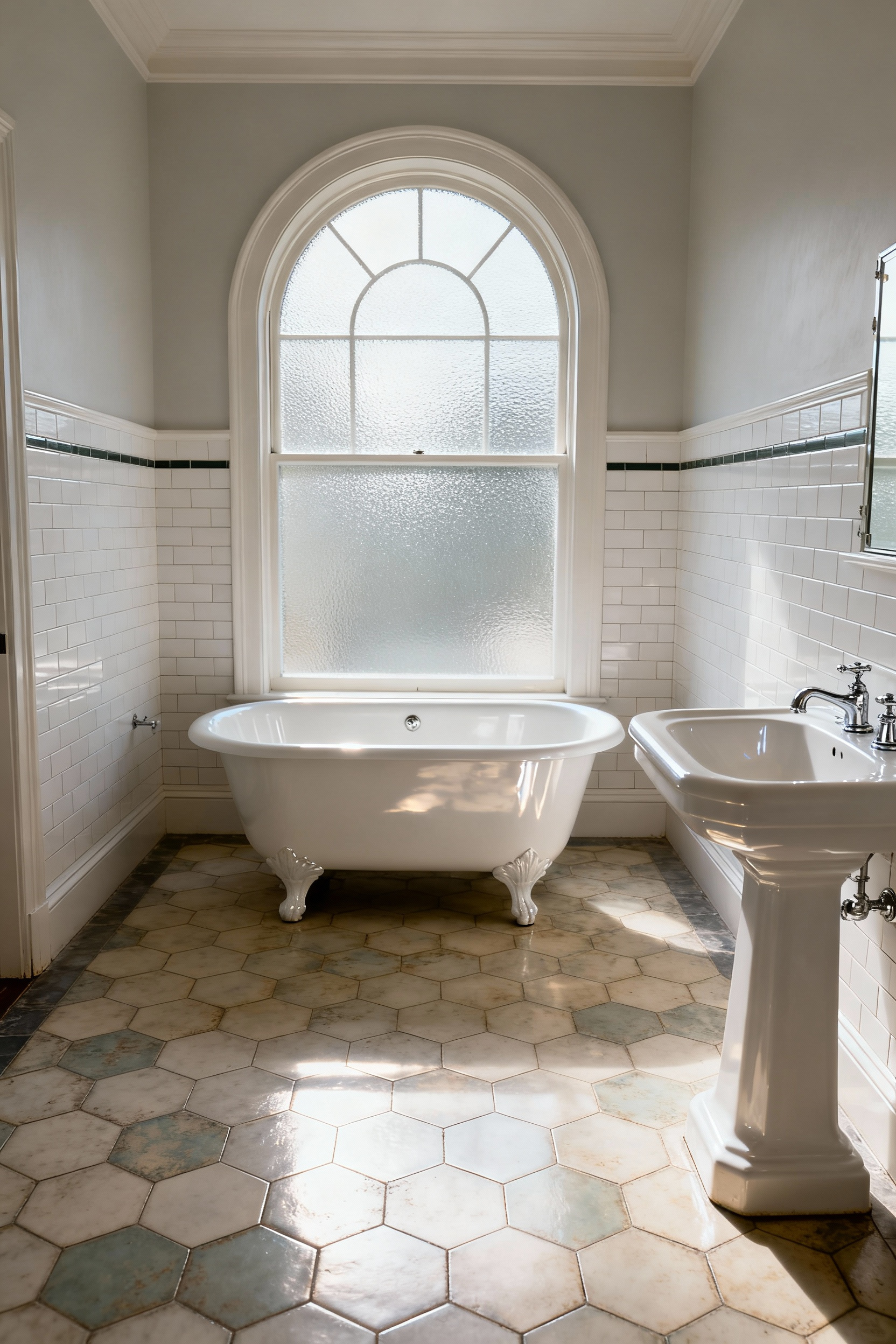 Vintage bathroom showcasing a timeless design with a clawfoot tub, pedestal sink, and classic hexagon and subway tiling, emphasizing enduring style, craftsmanship, and long-term value.
