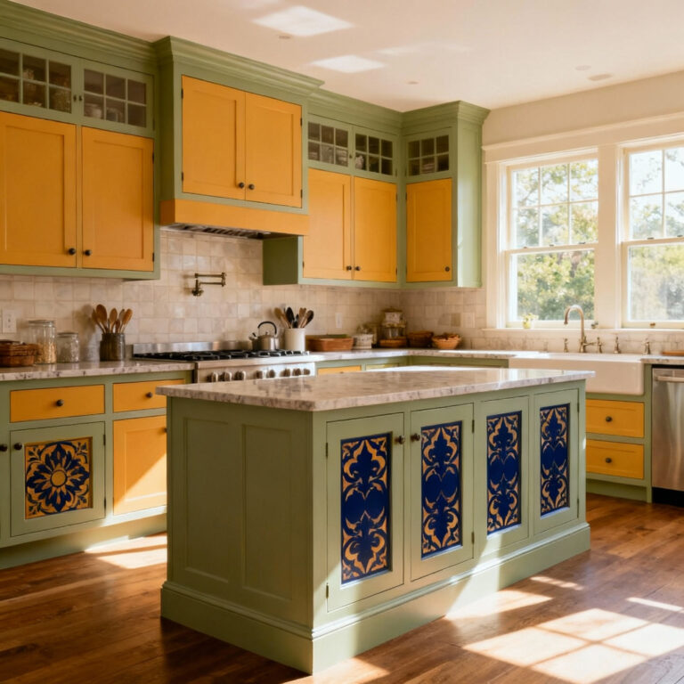 Kitchen with sage green cabinets and saffron/indigo accents, demonstrating culturally integrated color design in a multi-generational home.