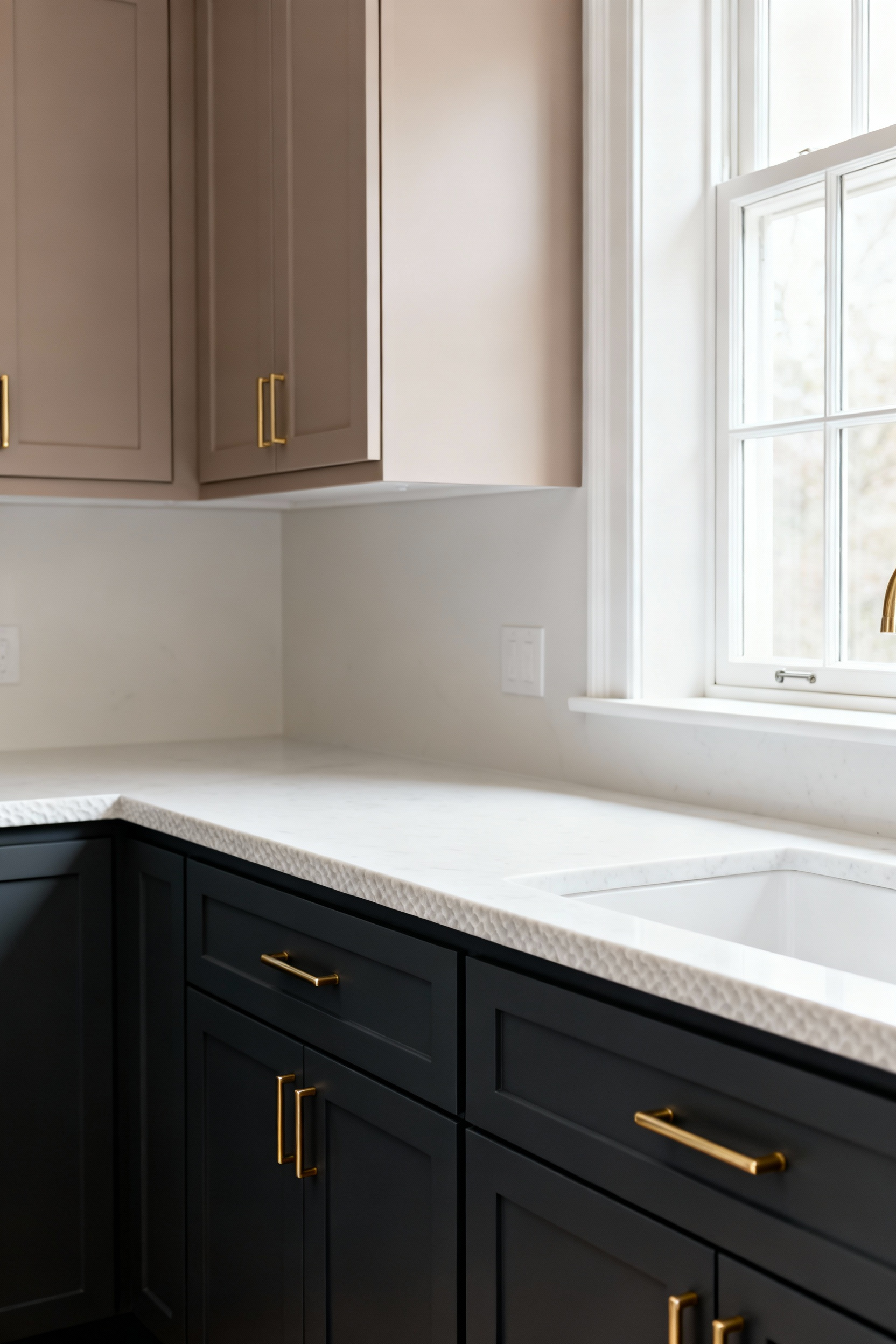 Modern kitchen with deep charcoal lower cabinets and light taupe upper cabinets, featuring polished brass handles and a white quartz countertop, all designed with high visual contrast for enhanced accessibility and visual clarity.