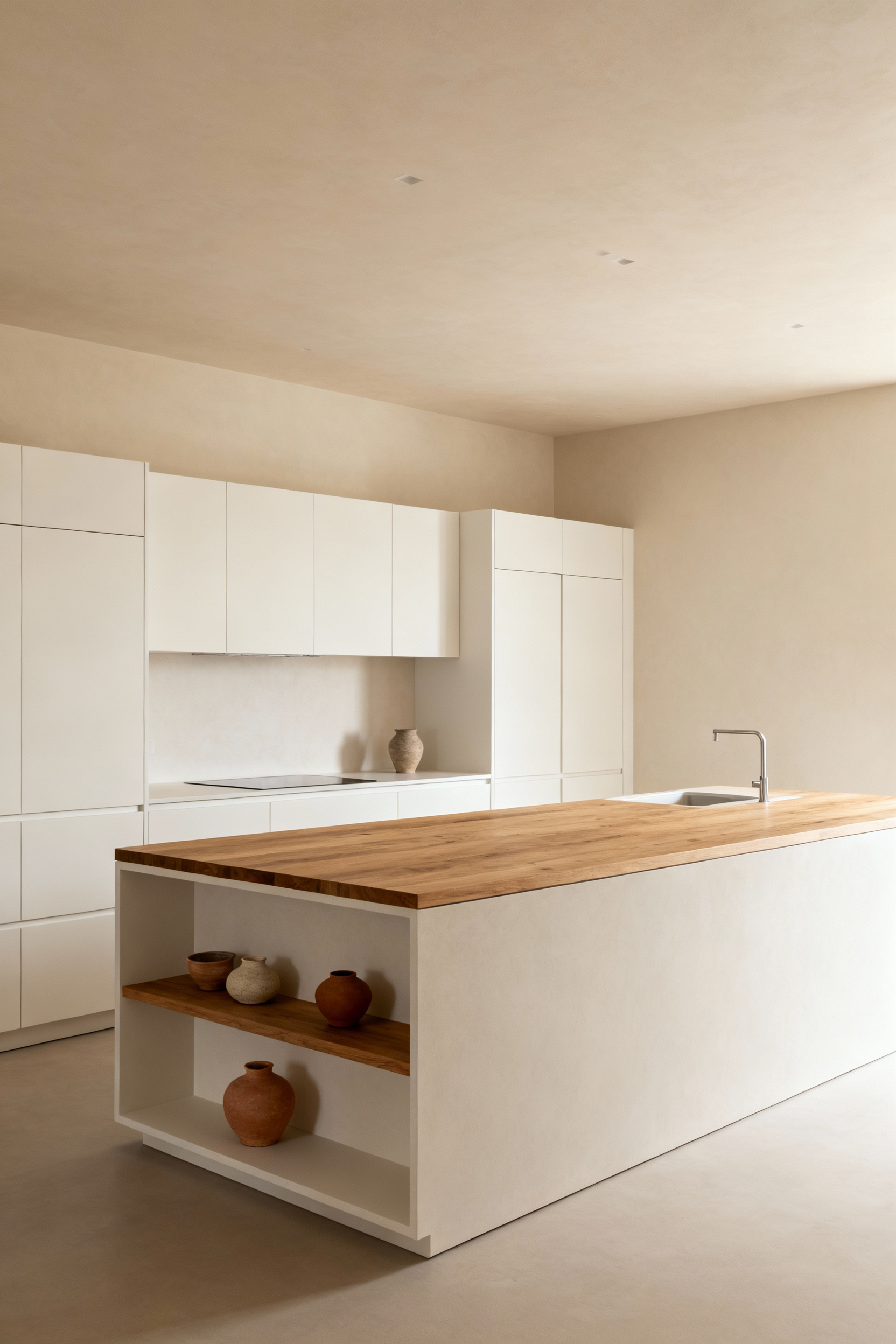 Modern kitchen with matte bianchissimo cabinets and natural oak island, showcasing timeless earth tones and soft white colors under diffused natural light, designed for multi-generational homes.