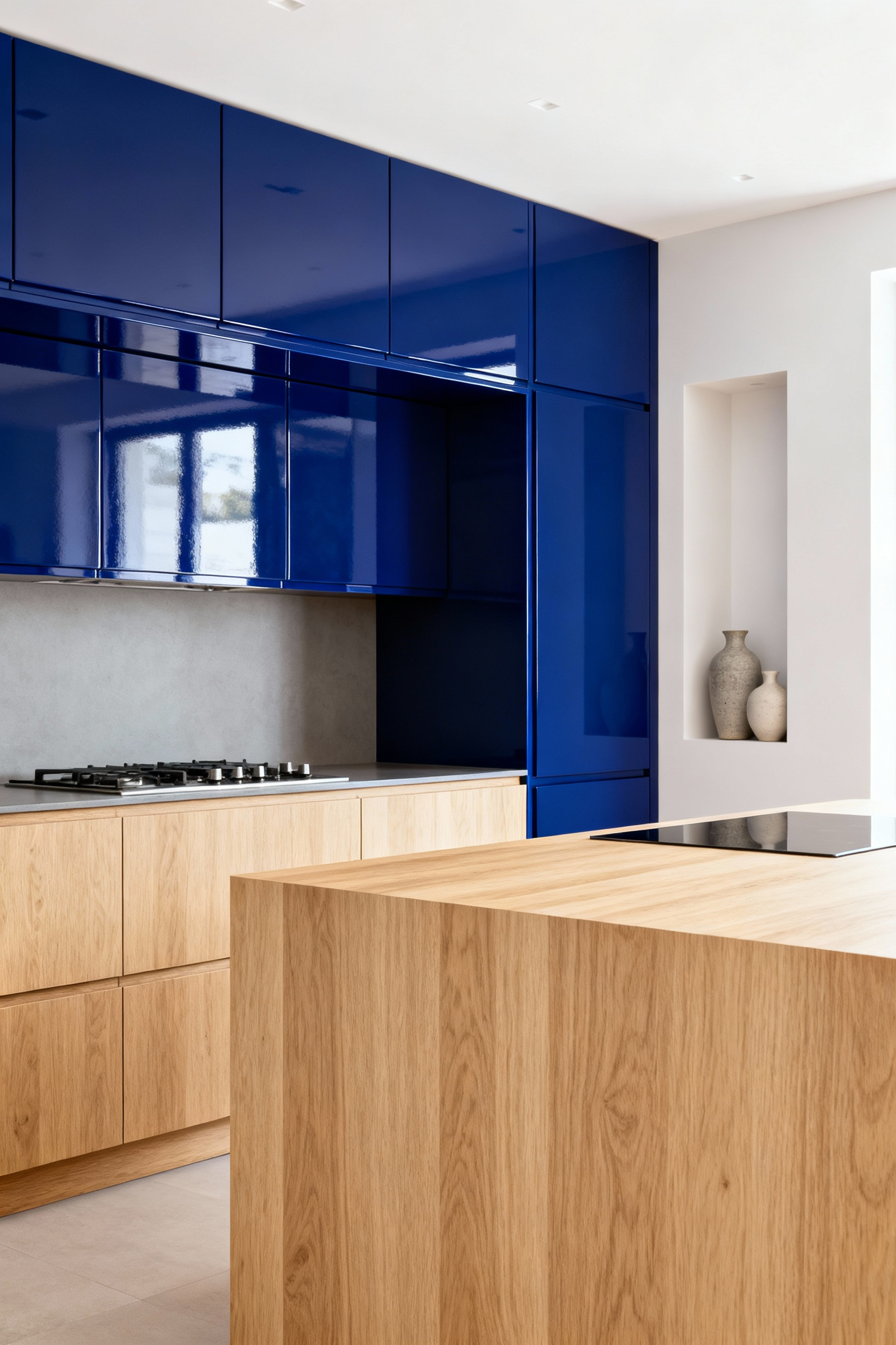 Modern kitchen with deep sapphire blue lacquered upper cabinets and light maple wood-grain textured laminate lower cabinets, showcasing durable, high-impact finishes and cultural design.