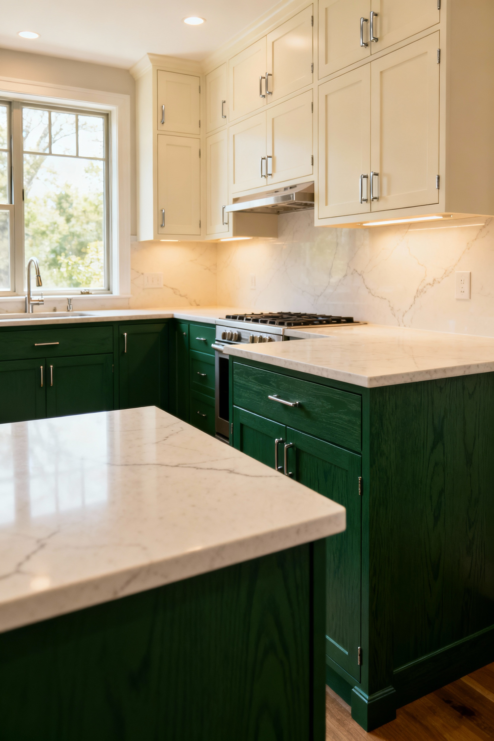 A serene multi-generational kitchen featuring deep forest green base cabinets and creamy off-white upper cabinets, reflecting harmonious Feng Shui color principles.