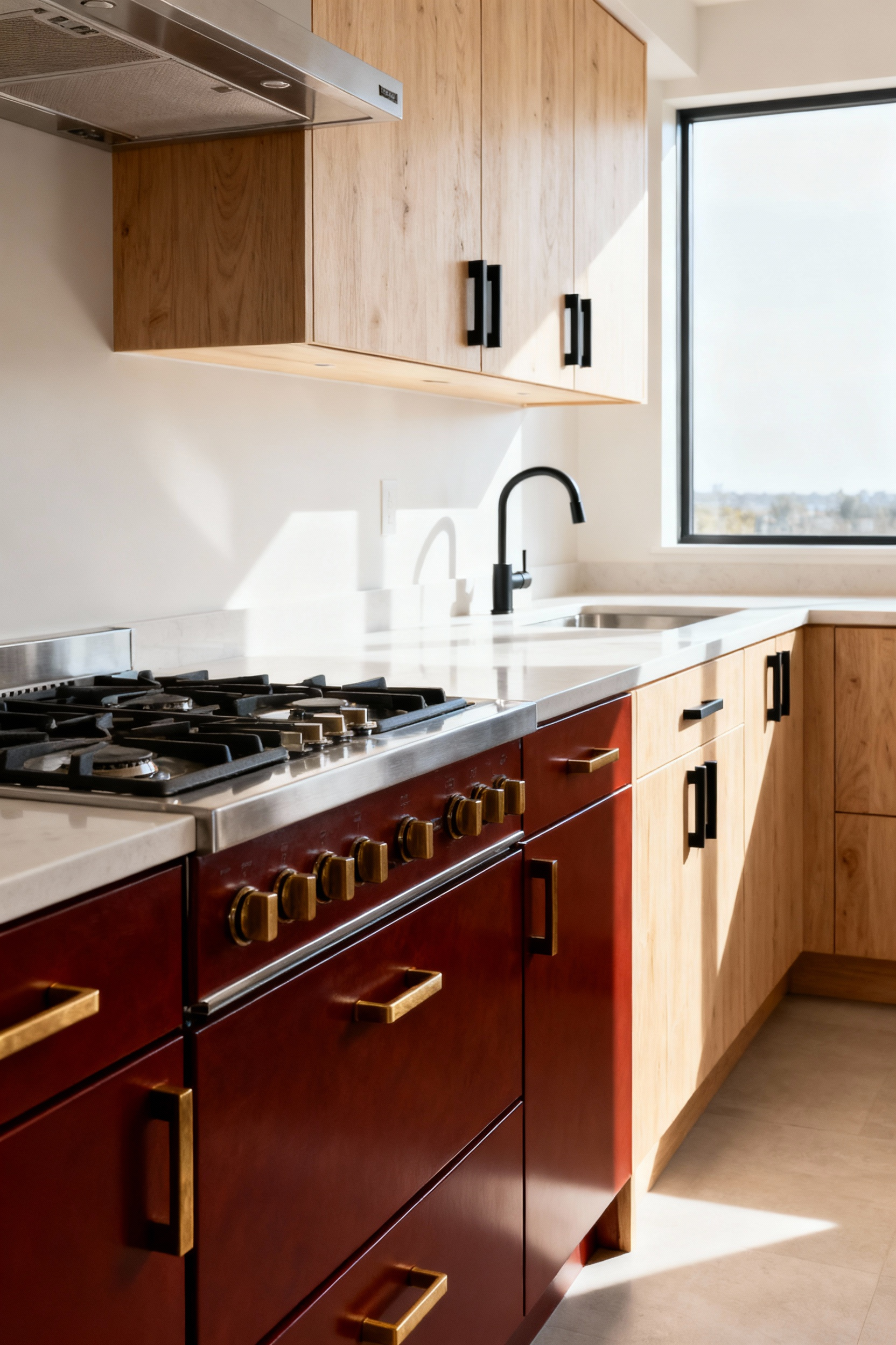 Modern kitchen featuring distinct cabinet color zones: deep red-brown lower cabinets for a wok station contrasted with light maple cabinets for a prep island, illustrating how color delineates task areas and improves ergonomic flow in multi-generational homes.