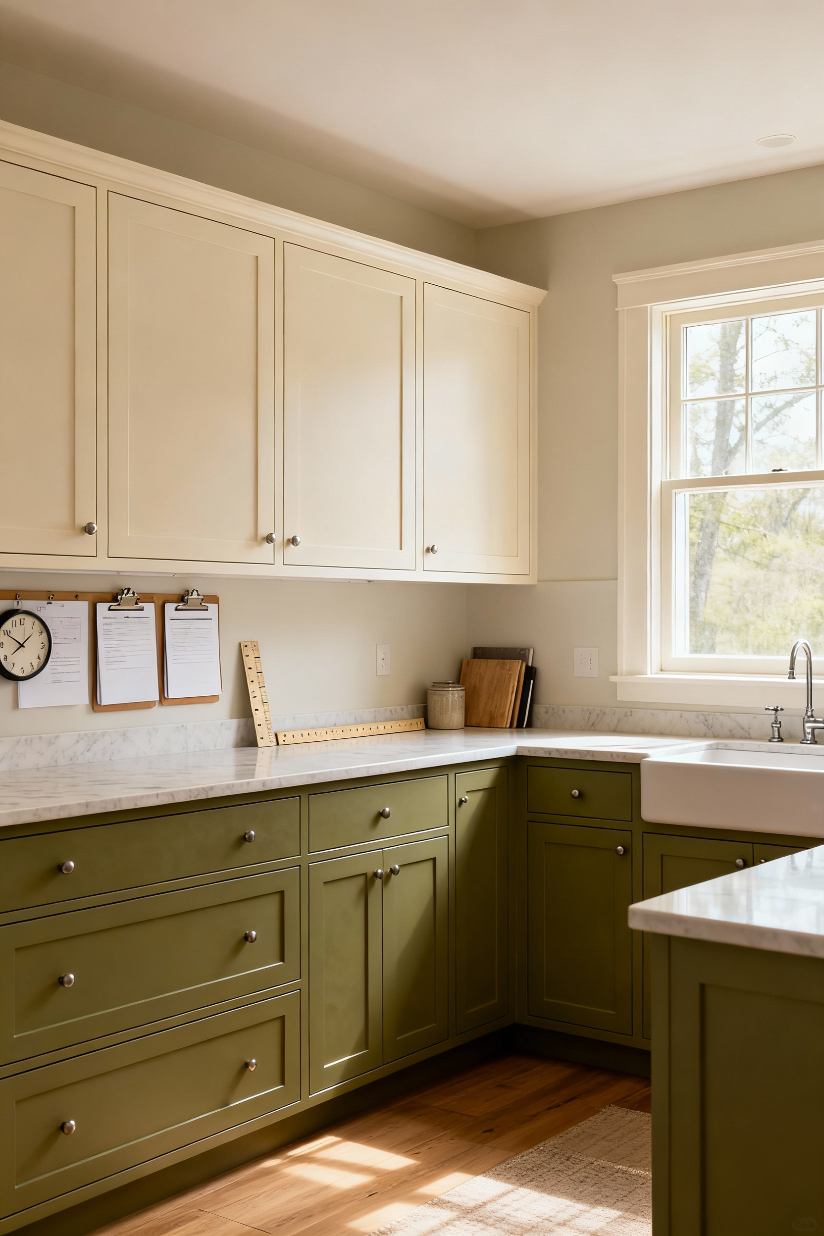 Kitchen with muted olive green base cabinets and cream upper cabinets, demonstrating subtle chromatic depth for emotional equilibrium in a multi-generational home.