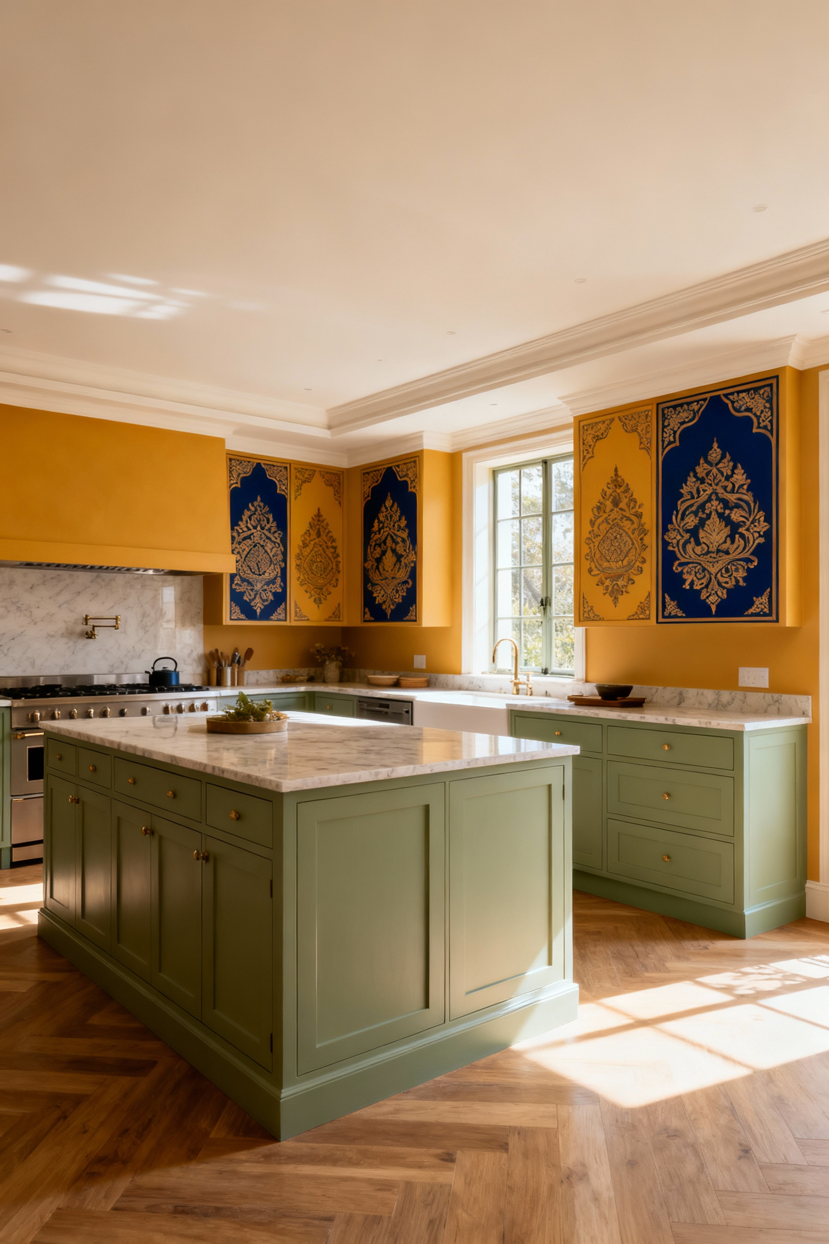 Kitchen with sage green cabinets and saffron/indigo accents, demonstrating culturally integrated color design in a multi-generational home.