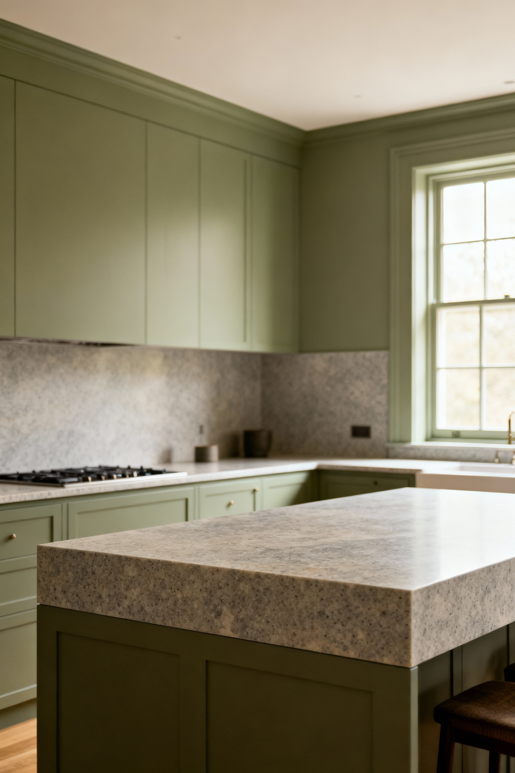 Kitchen cabinetry in a liminal sage green hue, designed for longevity and timeless appeal in a multi-generational home.