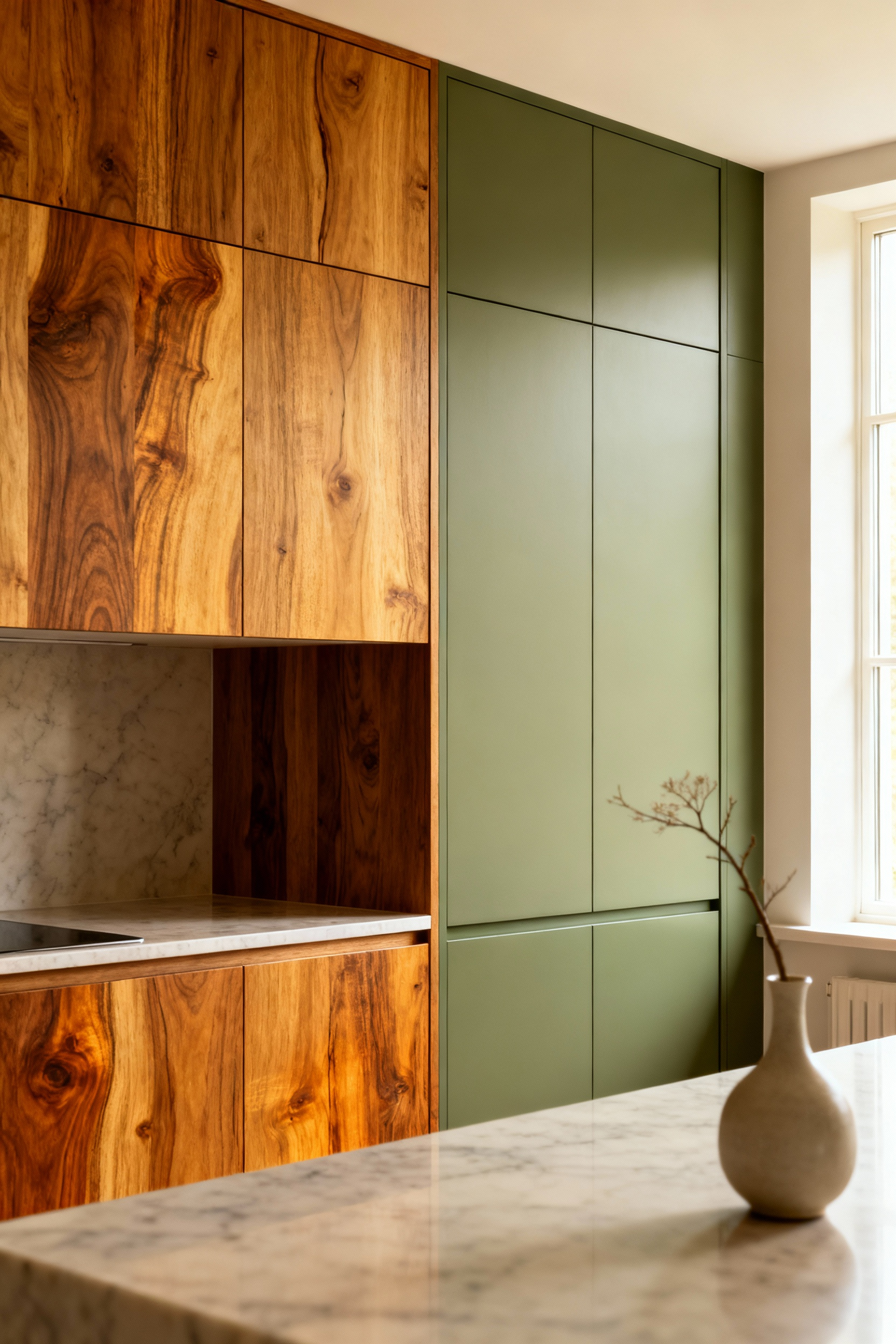 Comparison of natural timber kitchen cabinets, with one section finished with a rich wood stain showing prominent grain, and another section with a smooth, muted sage painted finish. Diffused natural light highlights the textures.