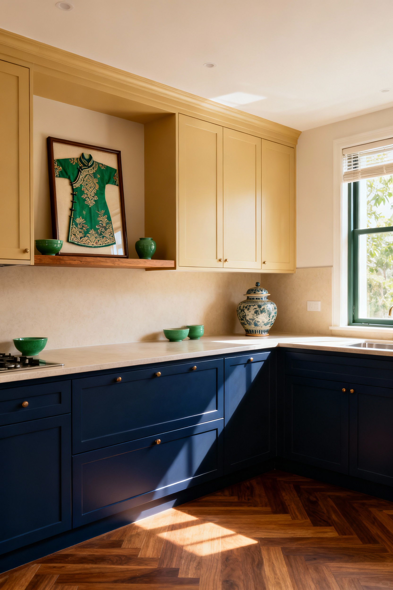 Multi-generational kitchen with deep indigo and muted gold cabinets, showcasing a framed Áo dài fabric and traditional Vietnamese ceramic vase as heirlooms.