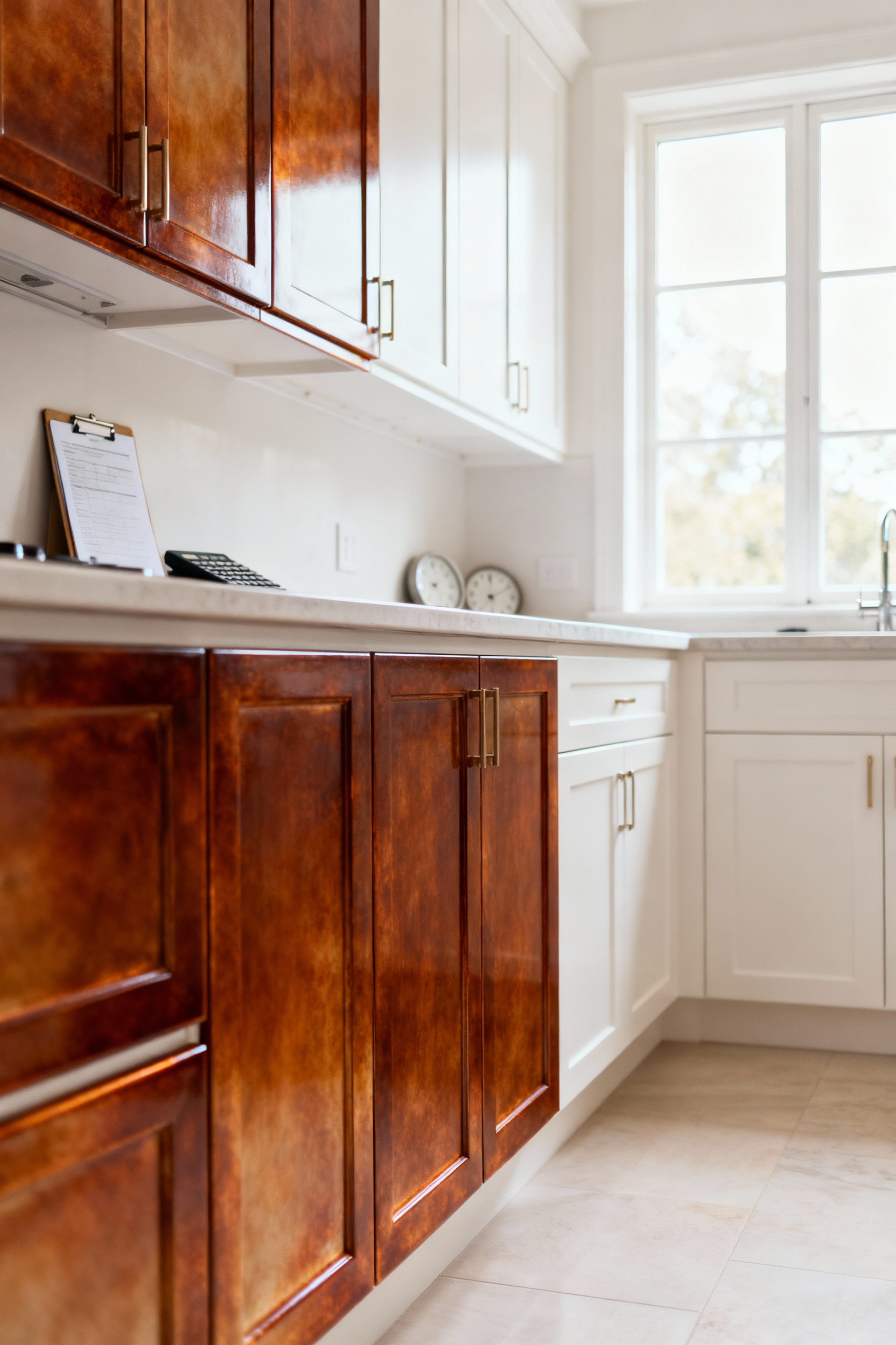Kitchen cabinetry showcasing layered dimension achieved through subtle glaze techniques, featuring a warm white base with a burnt umber glaze, creating a rich, textured finish ideal for a multi-generational home.