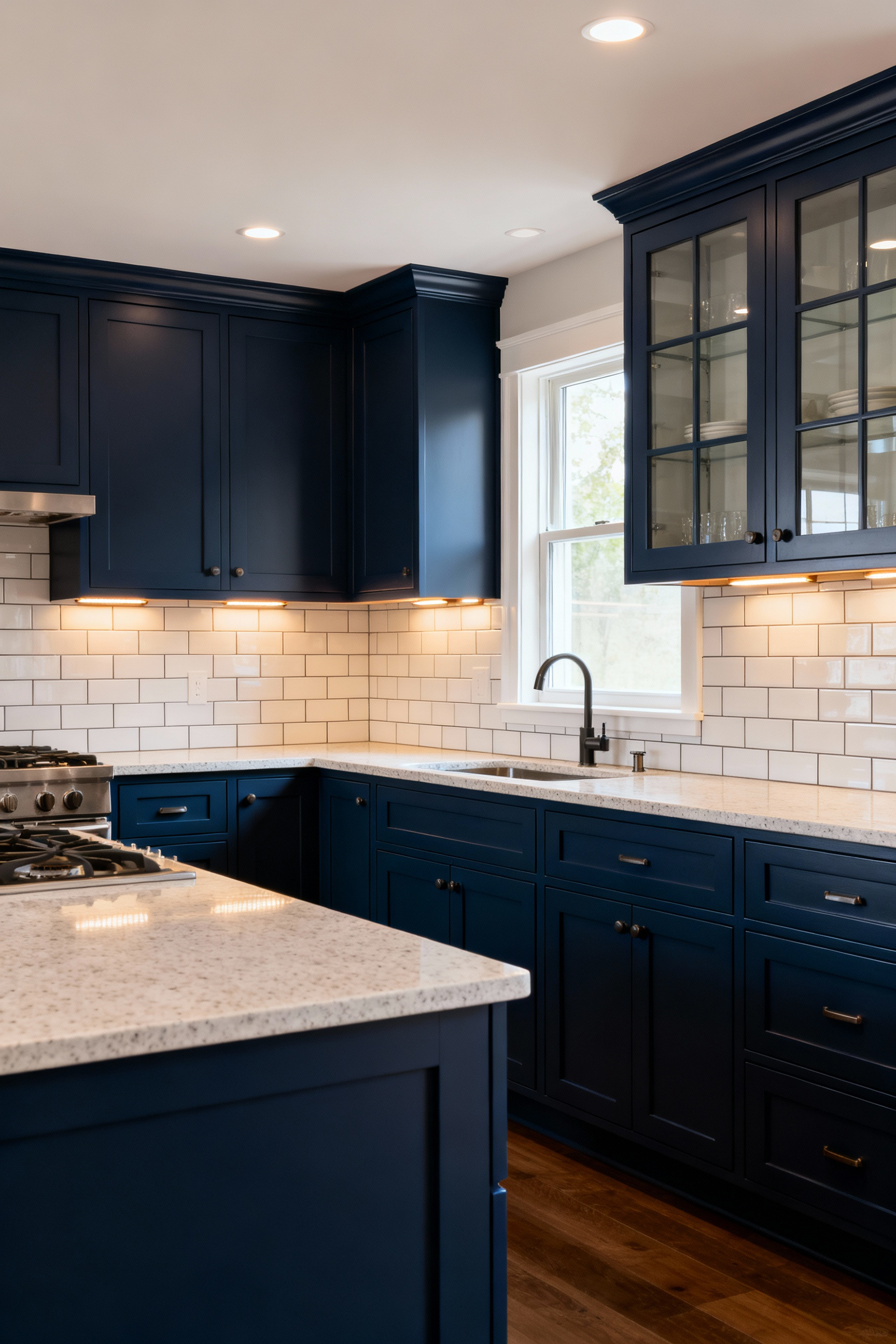 A modern, expansive kitchen with deep matte navy-blue base cabinets, lighter upper cabinets, light quartz countertops, and warm lighting, creating an intimate and grounded atmosphere.