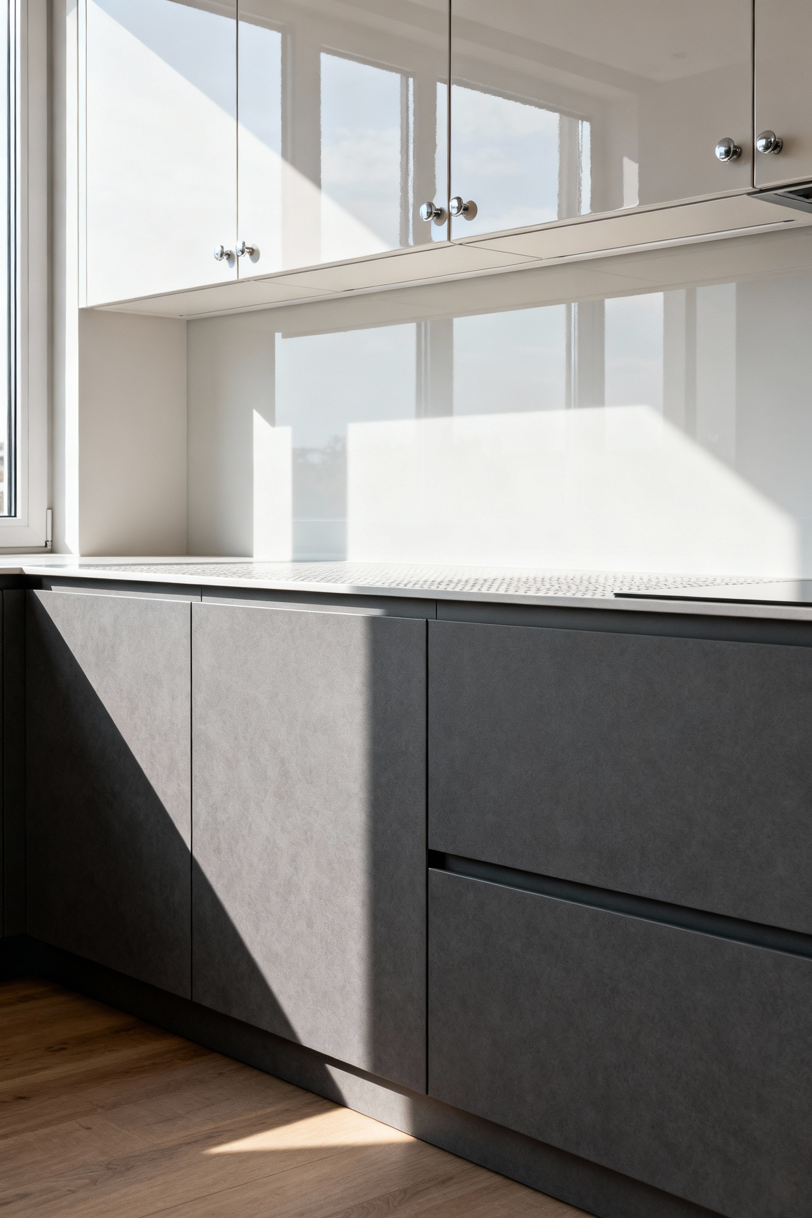Modern kitchen showcasing a blend of matte lower cabinets and gloss upper cabinets, illustrating the interplay of different finishes with light and their effect on perceived spatial volume.