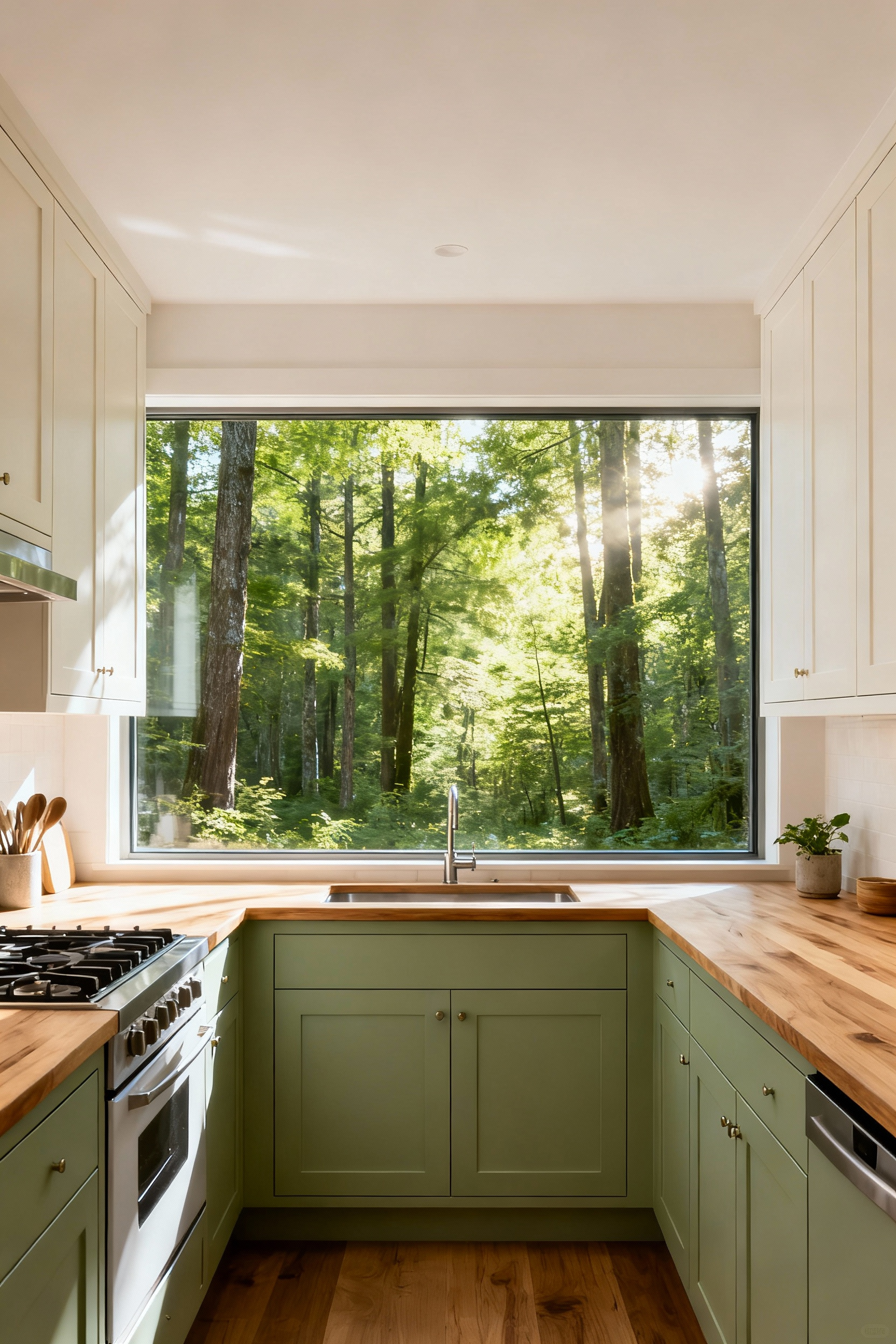 Biophilic kitchen with sage green and linen white cabinets, large window looking out onto a lush forest, creating a seamless connection to nature.