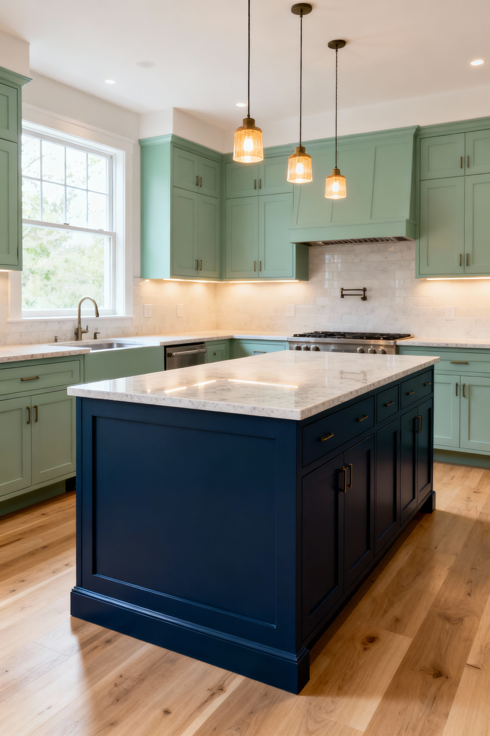 Modern kitchen with deep indigo island and muted celadon green perimeter cabinets, showcasing a beautiful kitchen island contrast for zonal delimitation in a multi-generational home.