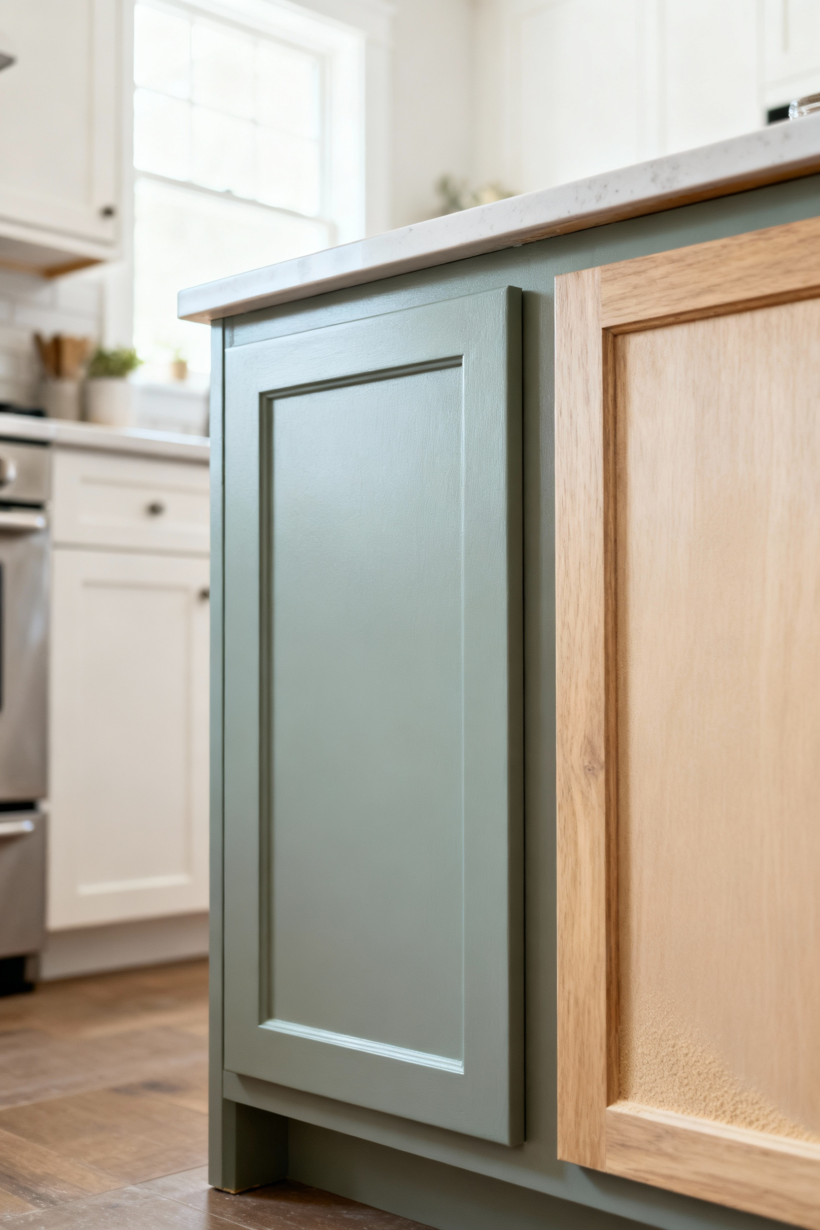 Image showing a kitchen with cabinet doors being prepared for repainting and refinishing, emphasizing easy rejuvenation and adaptability for multi-generational homes.