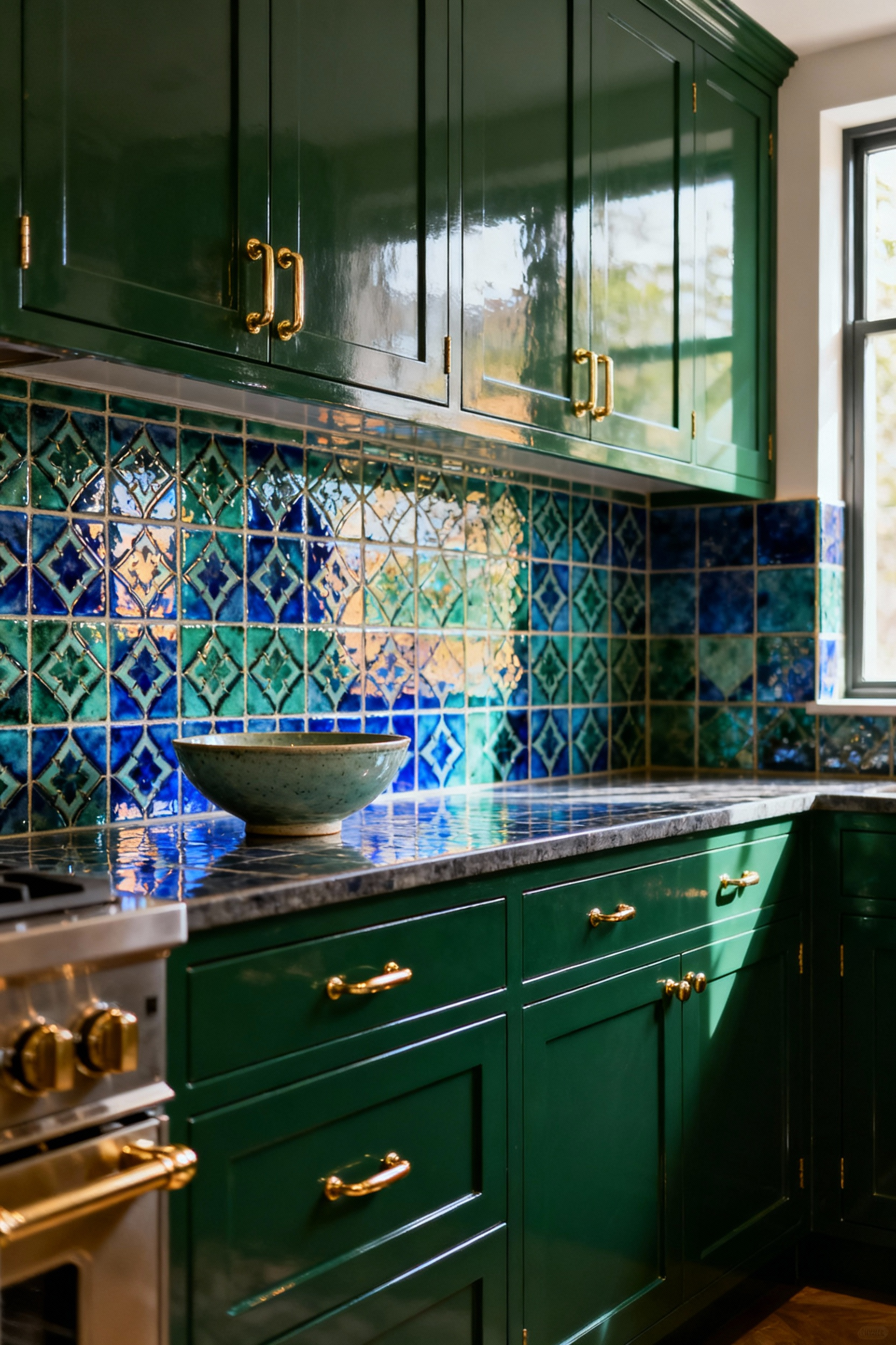 A stunning kitchen features deep emerald green cabinets, polished brass hardware, and a vibrant zellige tile backsplash in blues and greens, showcasing harmonious metallic and ceramic elements in a multi-generational home.