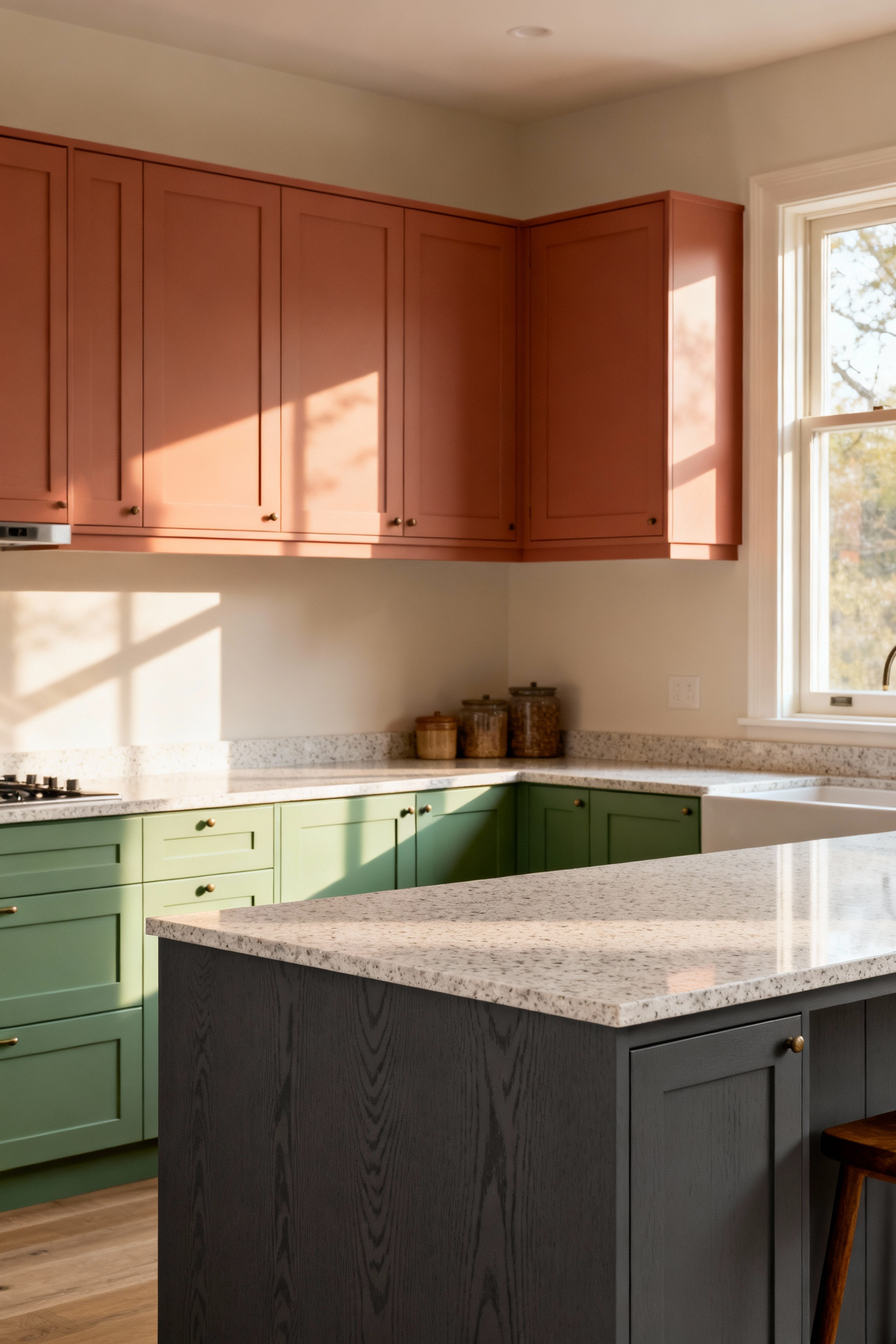 Modern kitchen cabinetry in muted jade green, warm terracotta, and charcoal grey, reflecting multi-generational heritage and continuity in color palettes.