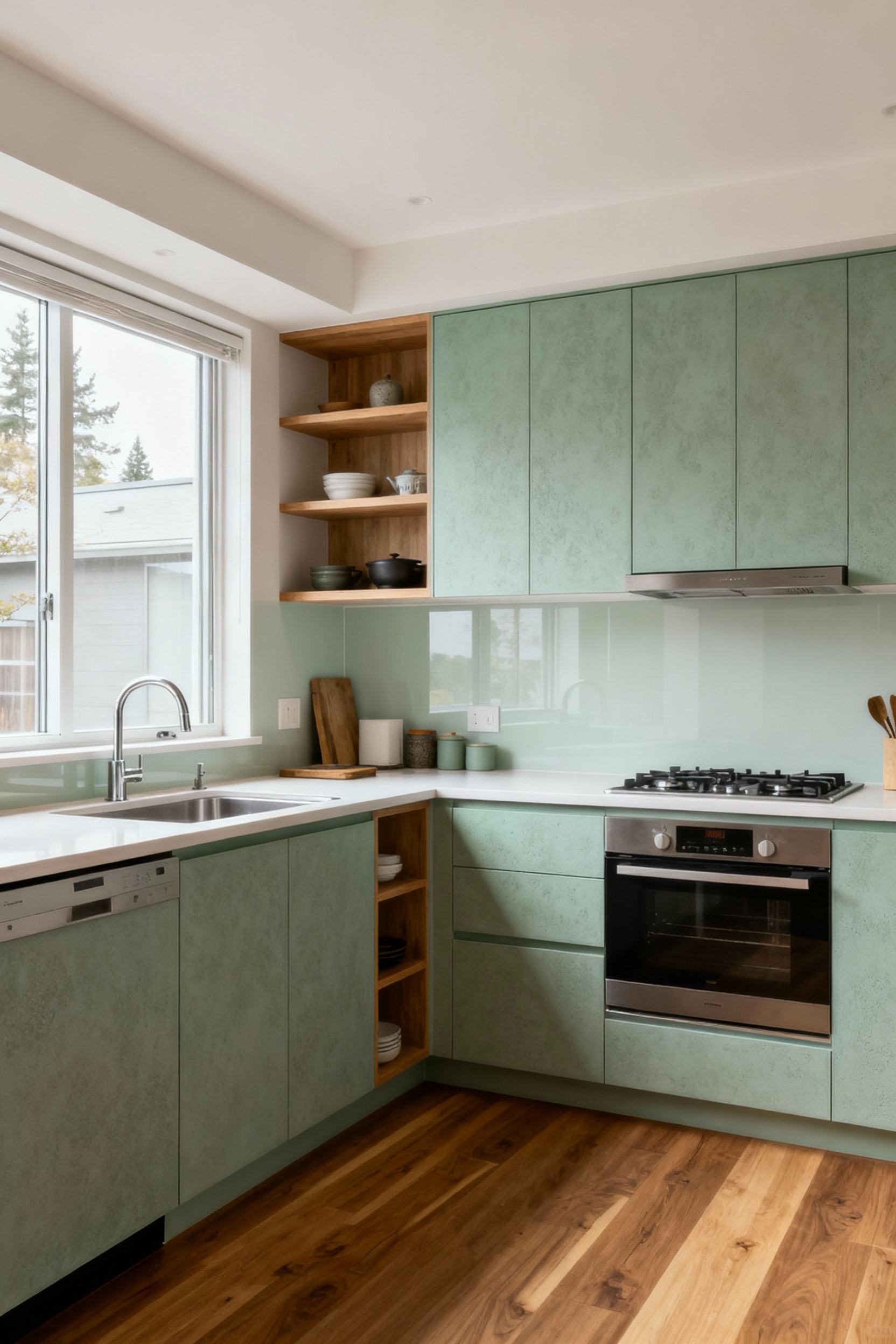 A celadon green-grey kitchen cabinet in a modern multi-generational kitchen, designed to hide wear and tear in high-traffic areas, under soft natural light.