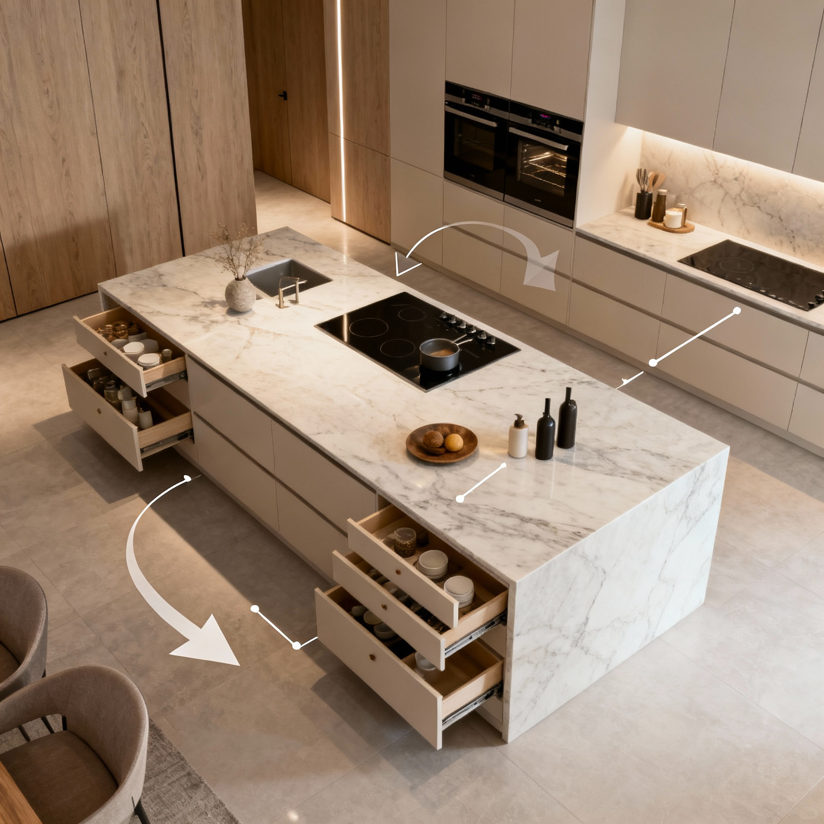 Overhead view of an immaculately organized luxury kitchen with an island, showcasing optimal ergonomic layout and curated item placement for efficient culinary workflow.