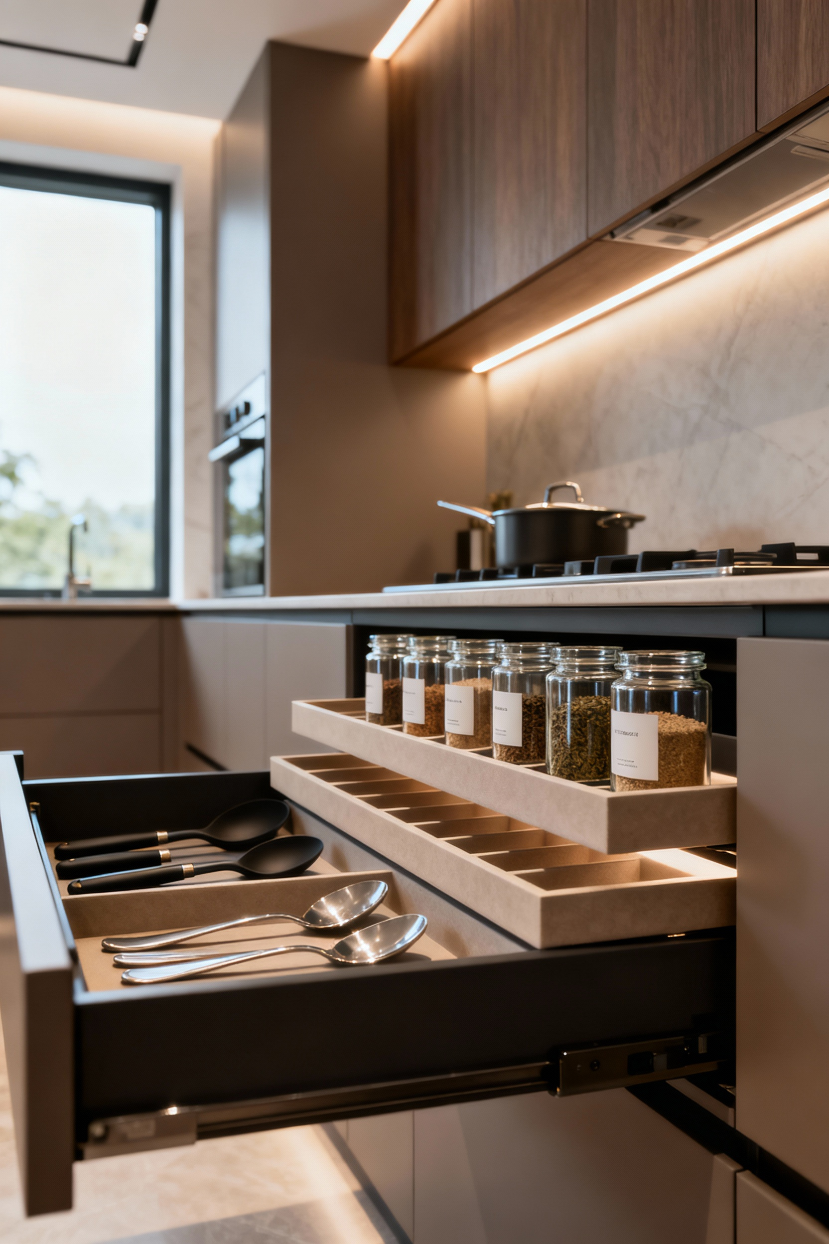 Highly organized kitchen drawer with tiered spice rack and glass jars, showcasing efficient kitchen storage solutions and ergonomic placement of culinary essentials.