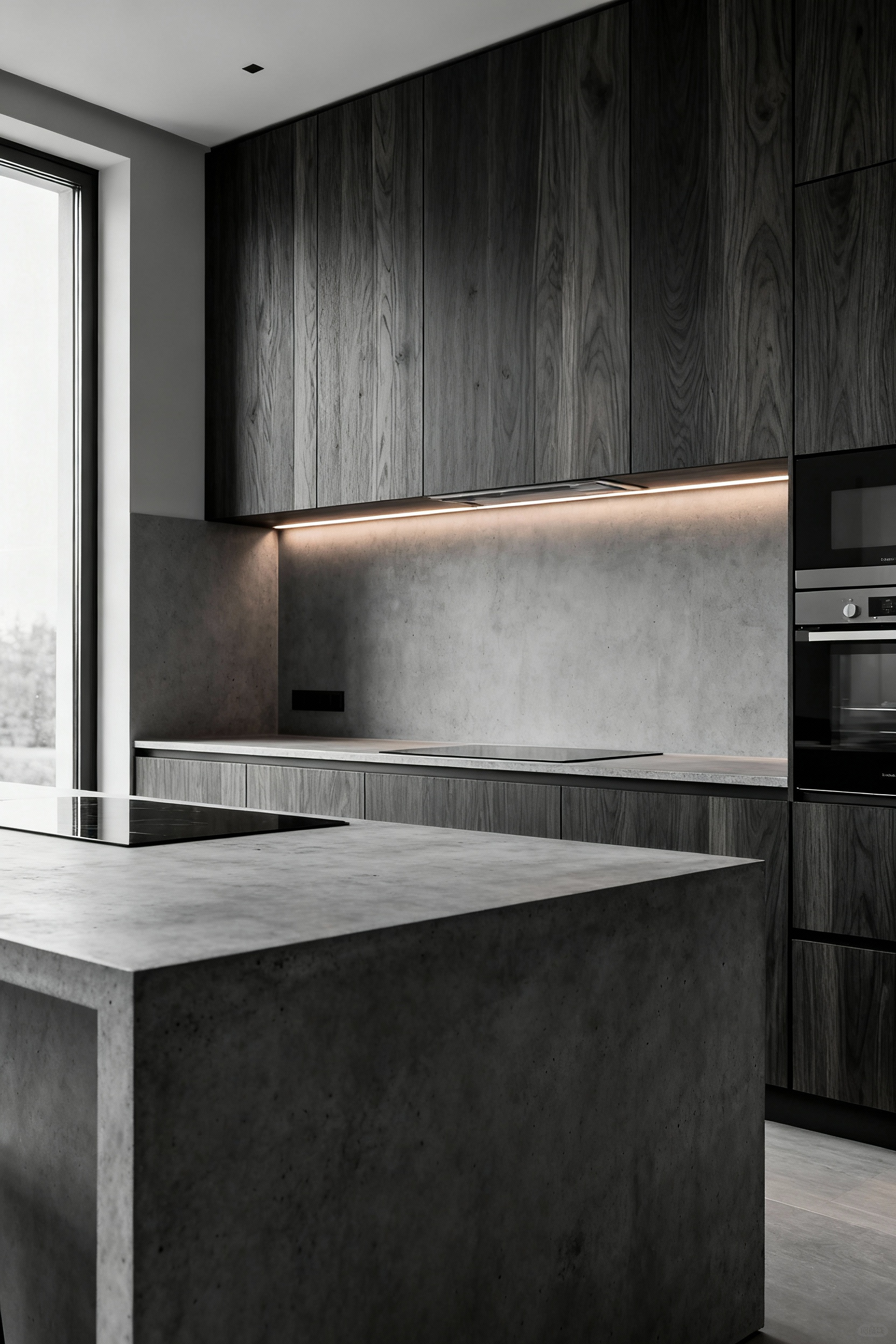 Modern kitchen with seamless dark oak cabinetry and concrete countertops, showcasing aesthetic harmonization through unified materials and a tranquil color palette, highlighted by soft lighting.