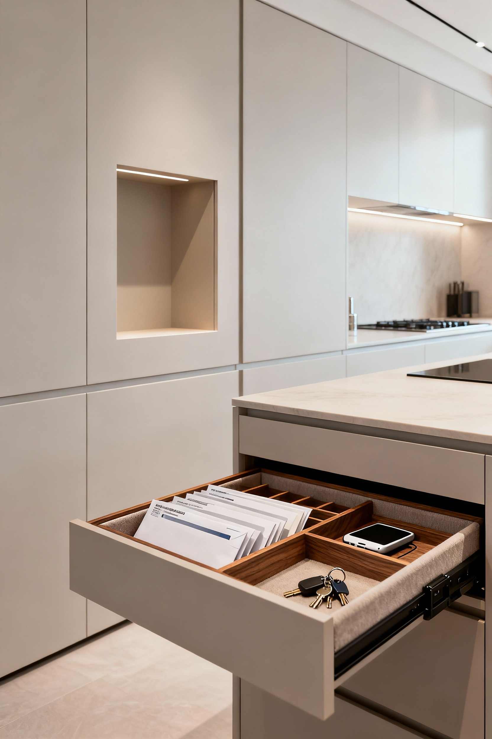 Modern luxury kitchen with a hidden integrated command center, bespoke cabinetry, concealed mail slots, and device charging, maintaining a clutter-free and elegant aesthetic.