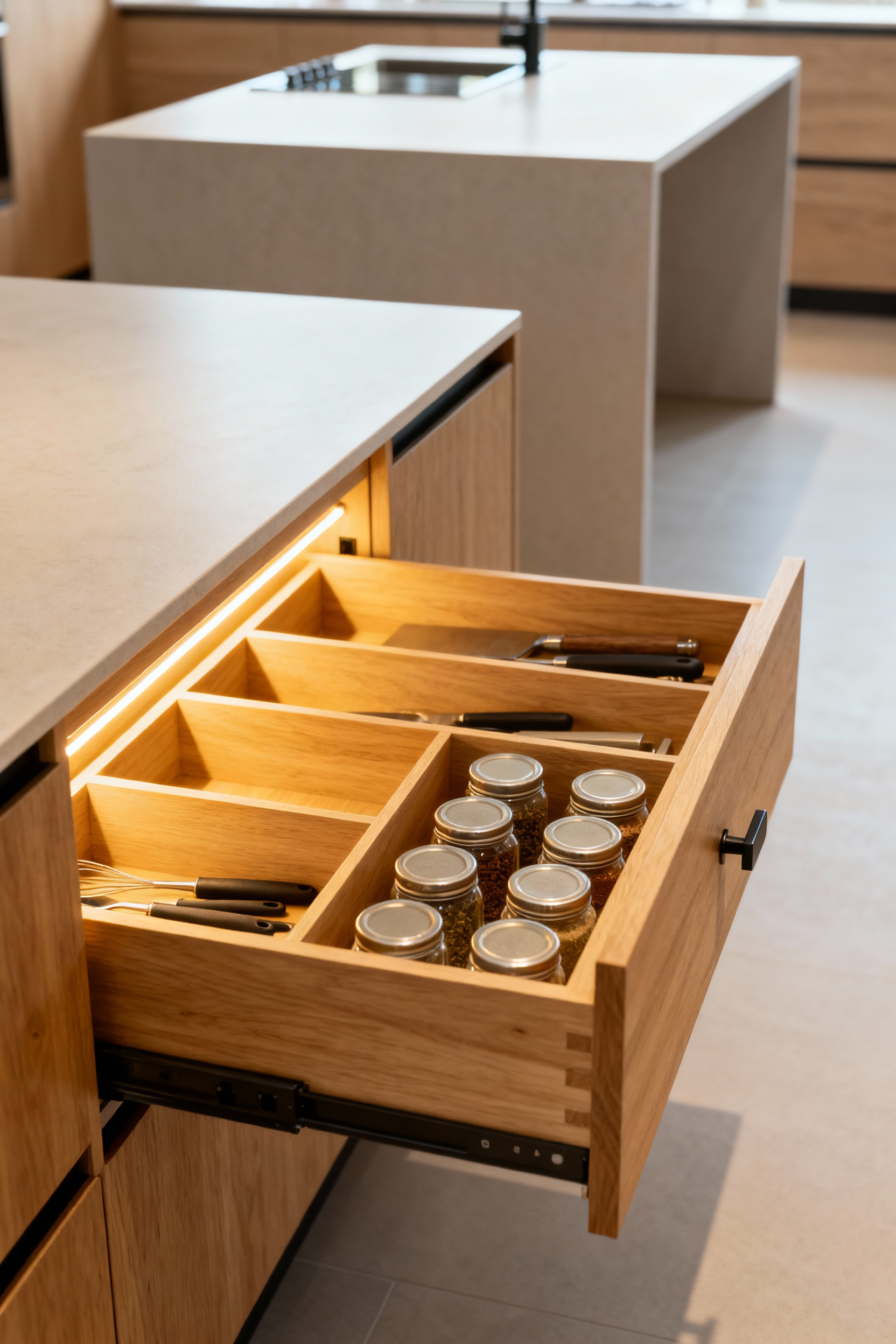 Interior view of custom kitchen cabinet with bespoke maple wood dividers and a pull-out spice rack, demonstrating optimal storage and organization.