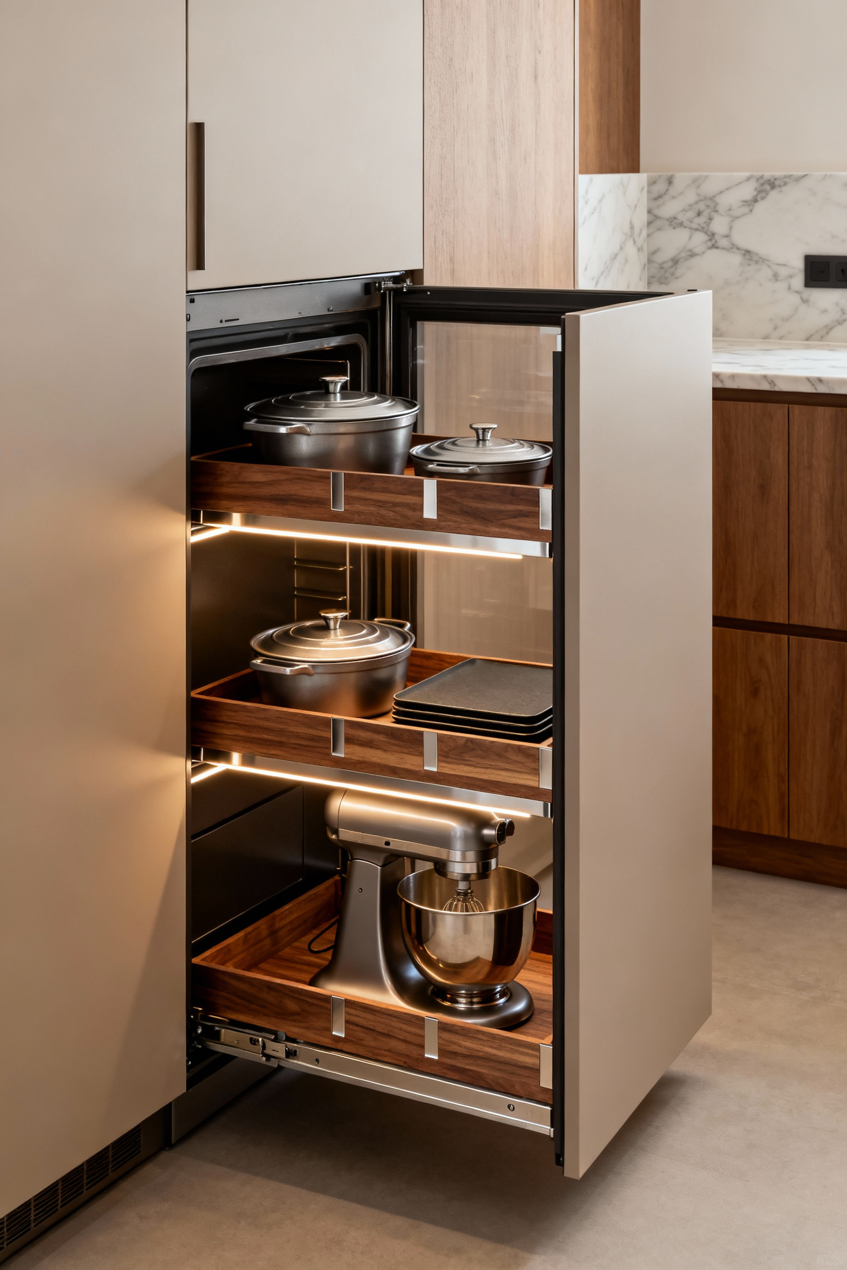 A modern kitchen's open appliance garage revealing beautifully organized bakeware and a stand mixer with integrated LED lighting.