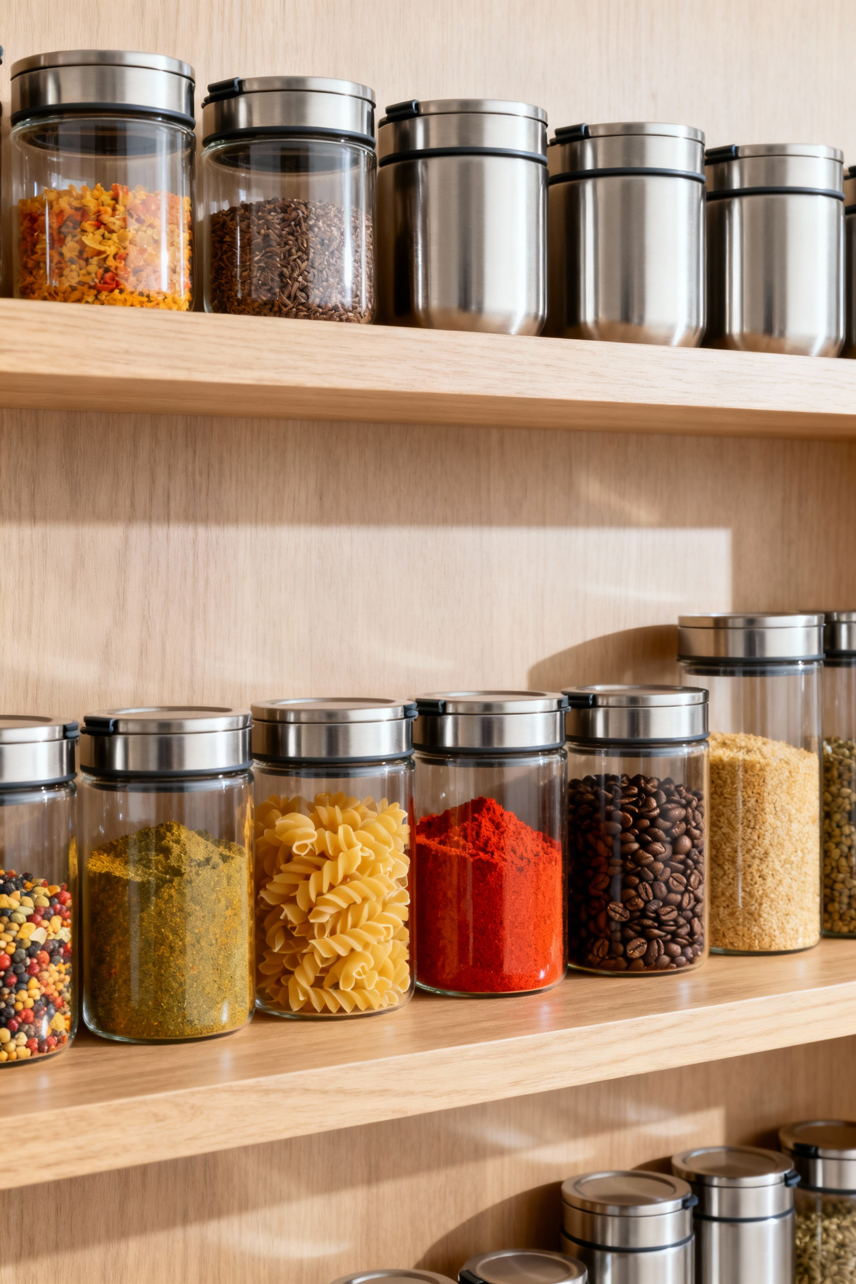 Modern kitchen pantry showcasing a curated collection of high-performance borosilicate glass and stainless steel airtight storage canisters filled with various dry goods, neatly organized on shelves.