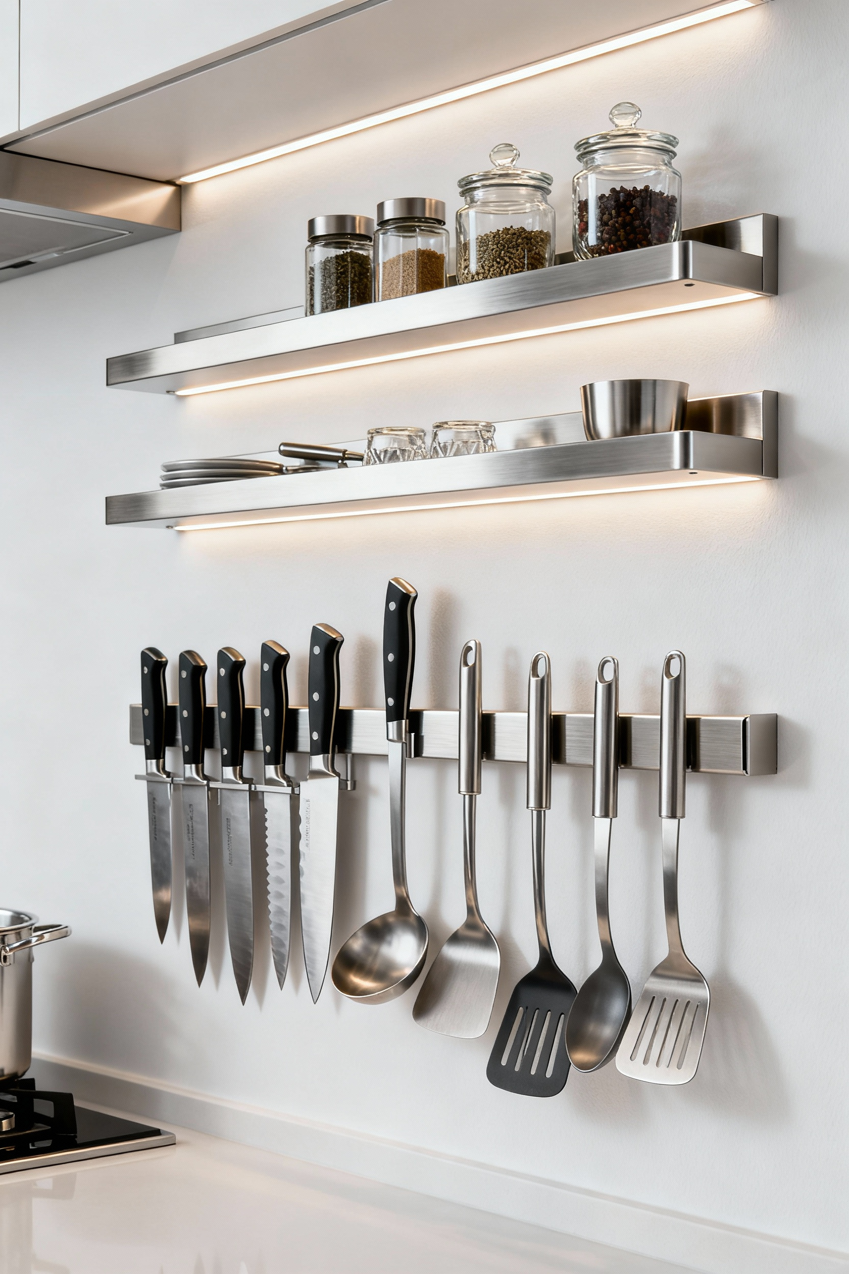 Sleek, modern kitchen with a modular, brushed stainless steel wall-mounted organizer system showcasing precisely arranged chef's knives, spatulas, and spice jars, illuminated by integrated LED lighting, emphasizing enhanced accessibility and efficient workflow.