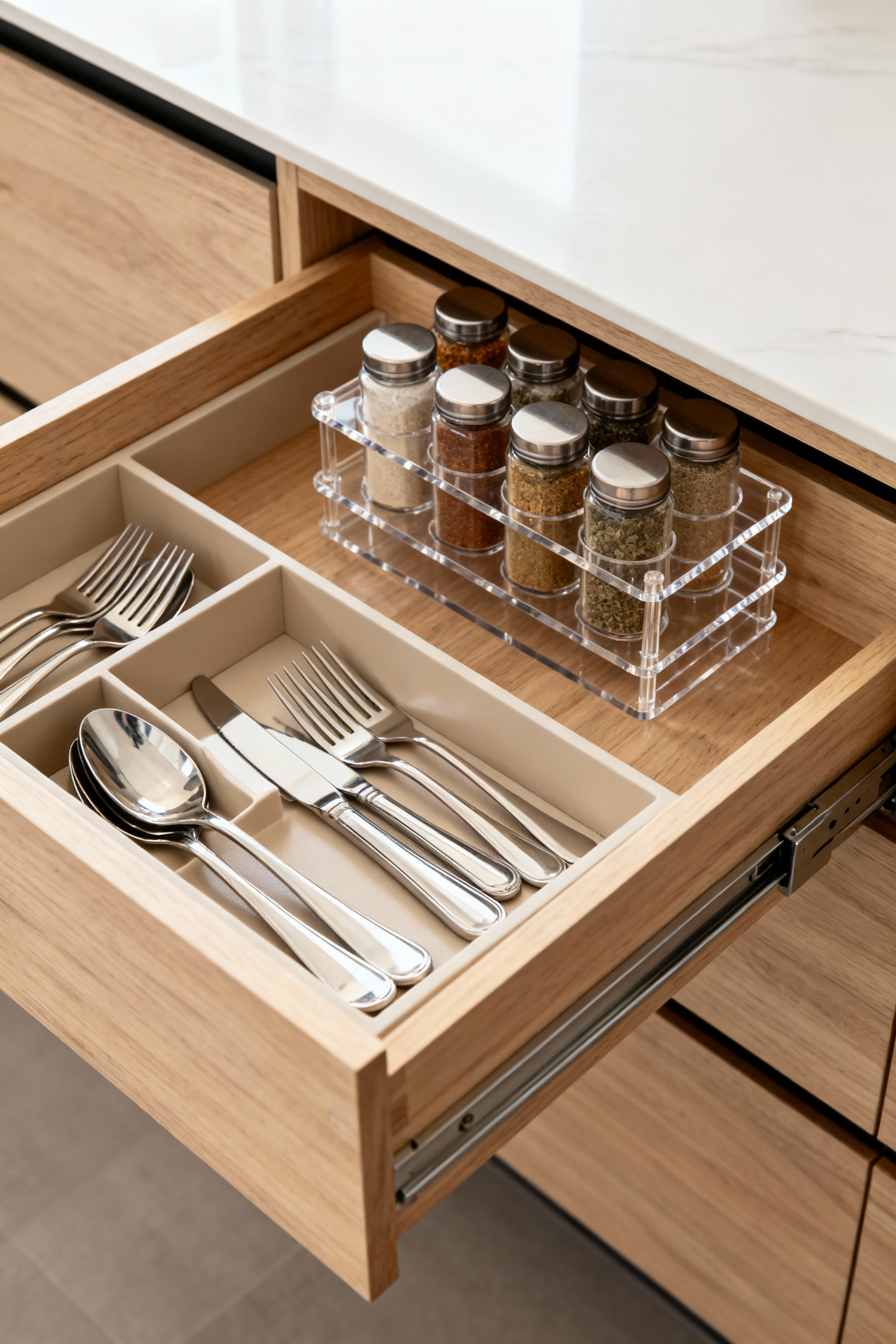 A perfectly organized kitchen drawer featuring custom wooden modular inserts for cutlery and clear tiered acrylic trays holding spice jars.