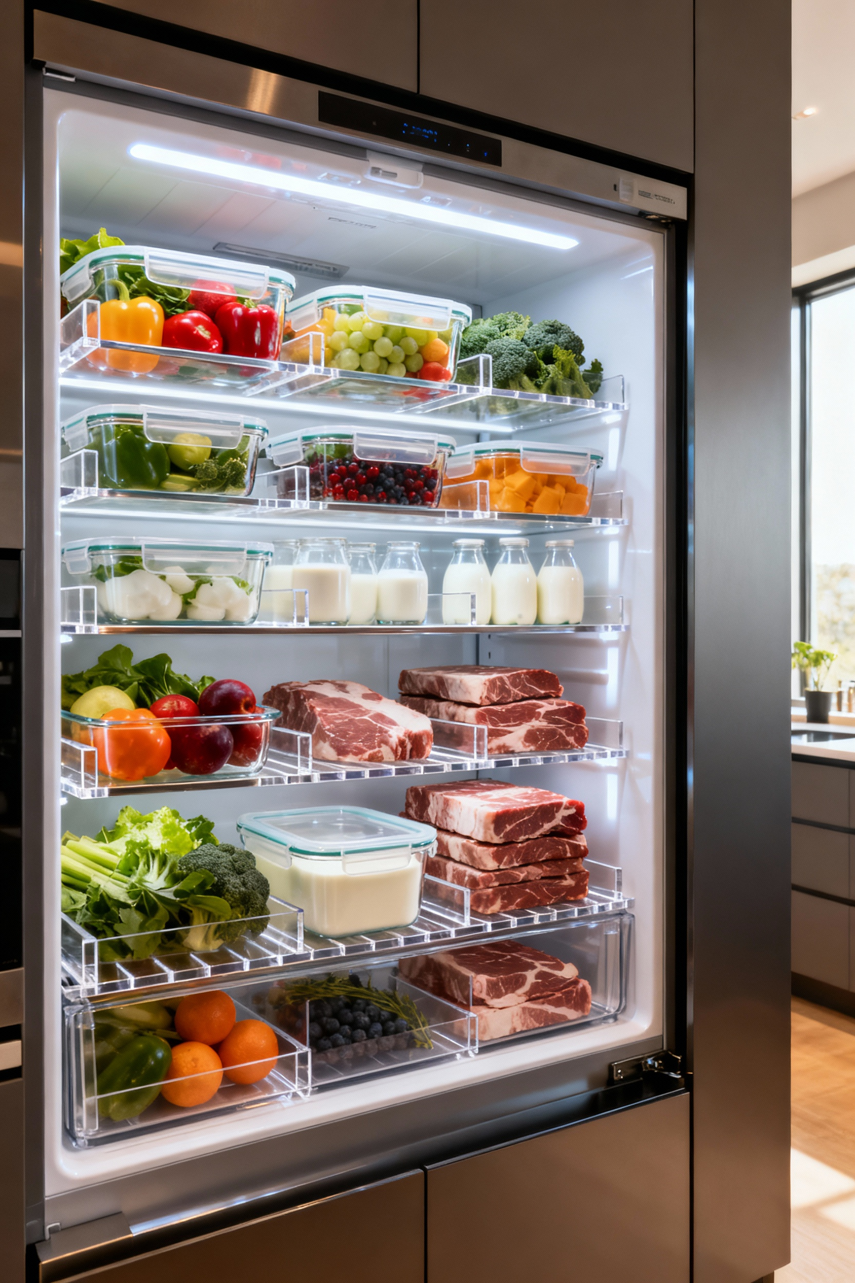 Interior of an elegantly organized refrigerator showcasing transparent borosilicate glass containers with fresh produce, dairy, and meats, set within custom cabinetry in a high-end modern kitchen. Integrated LED lighting illuminates the meticulously arranged contents.