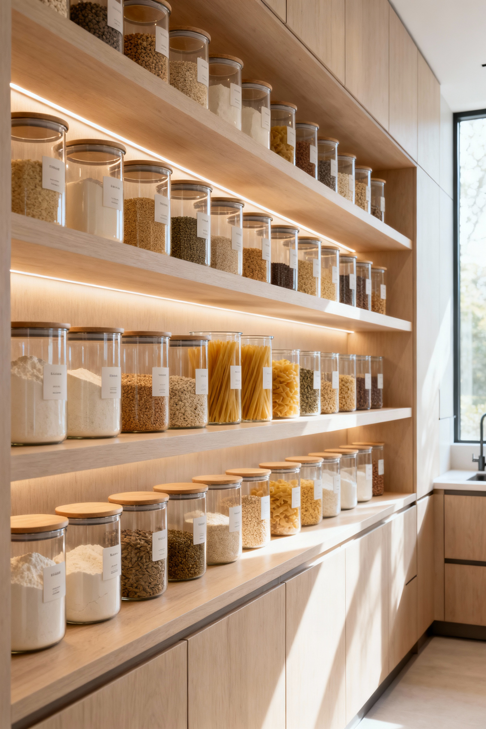 Aesthetic kitchen pantry with elegant borosilicate glass containers holding decanted dry goods on custom-lit shelves, emphasizing visual cohesion and meticulous organization.