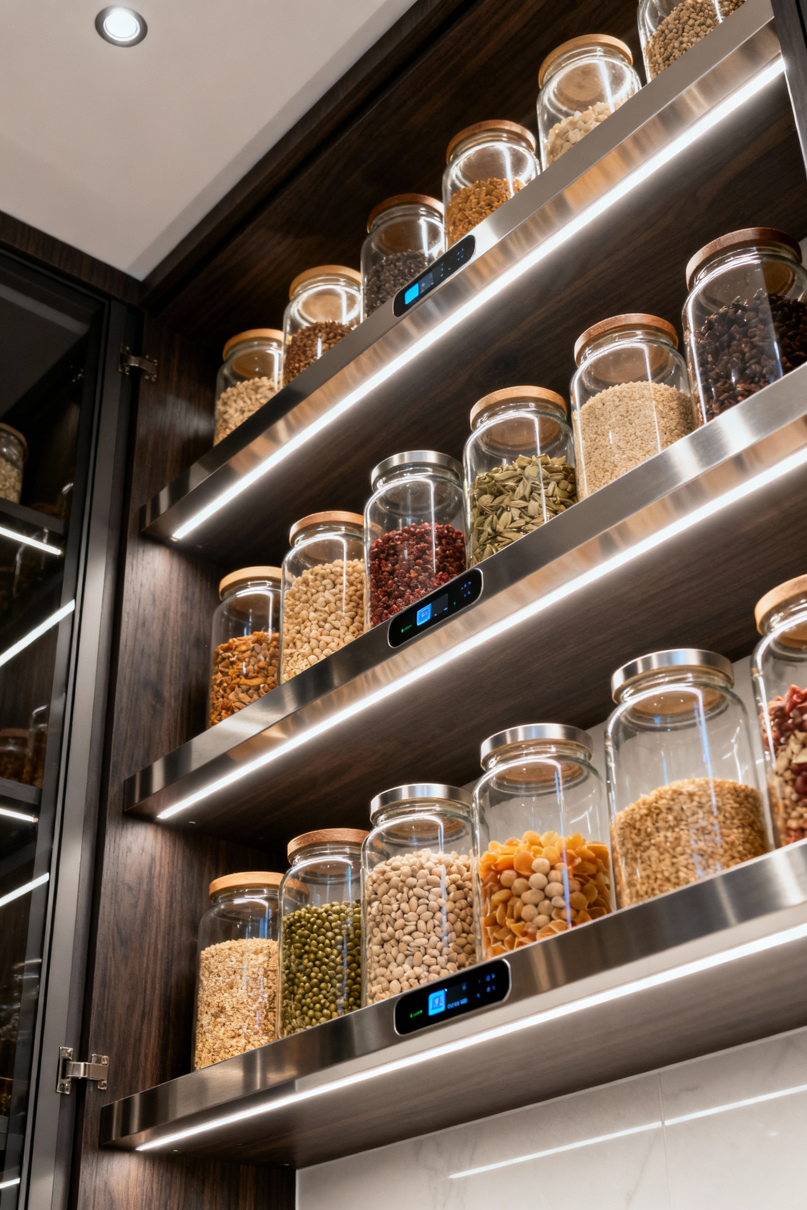 Pristine modern kitchen pantry with digital inventory management integration, sleek shelving, organized dry goods, high-tech culinary organization.