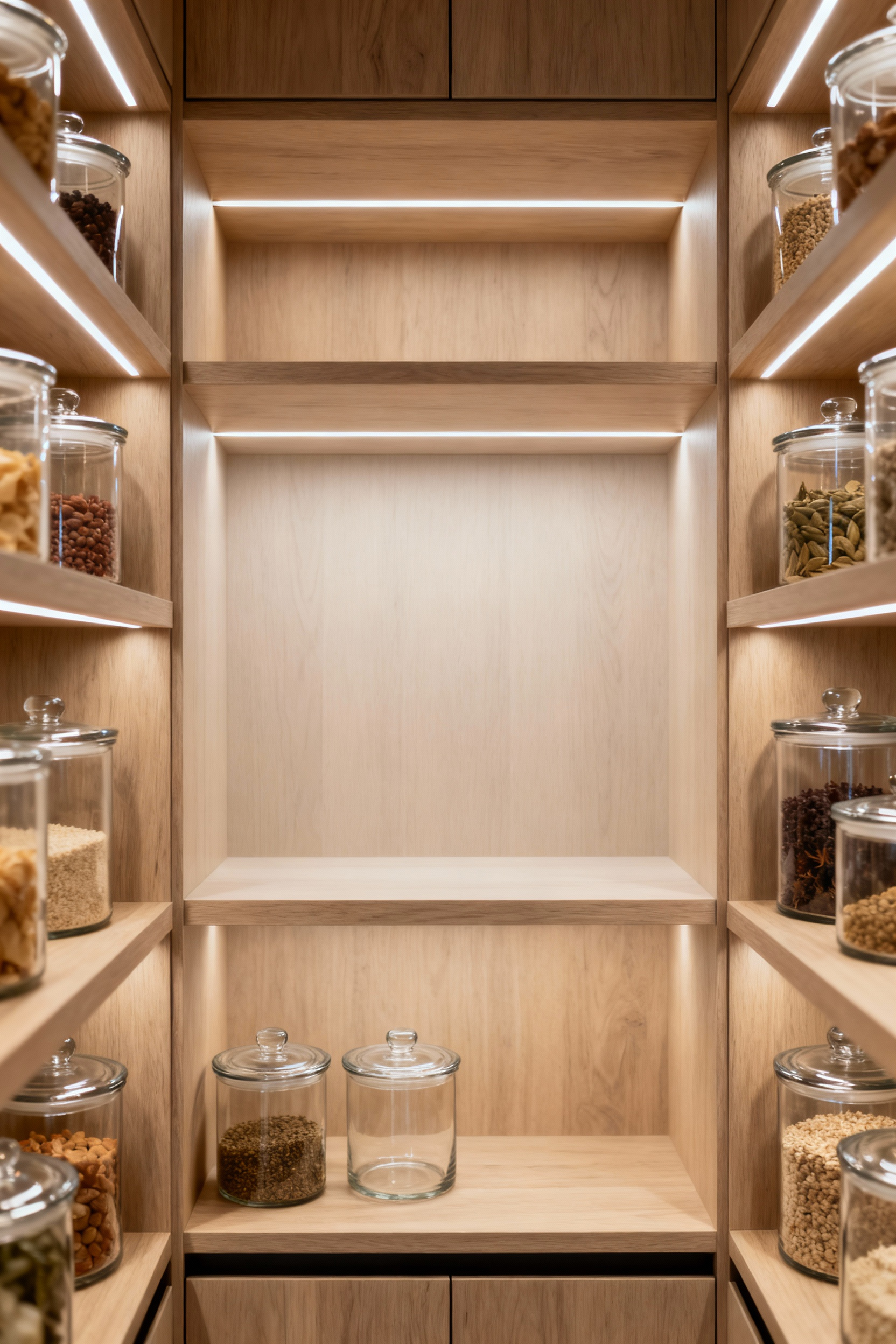 Luxurious kitchen pantry cabinet with minimalist organization, transparent containers, and ample negative space after a biannual inventory purge and reassessment, emphasizing visual clarity.