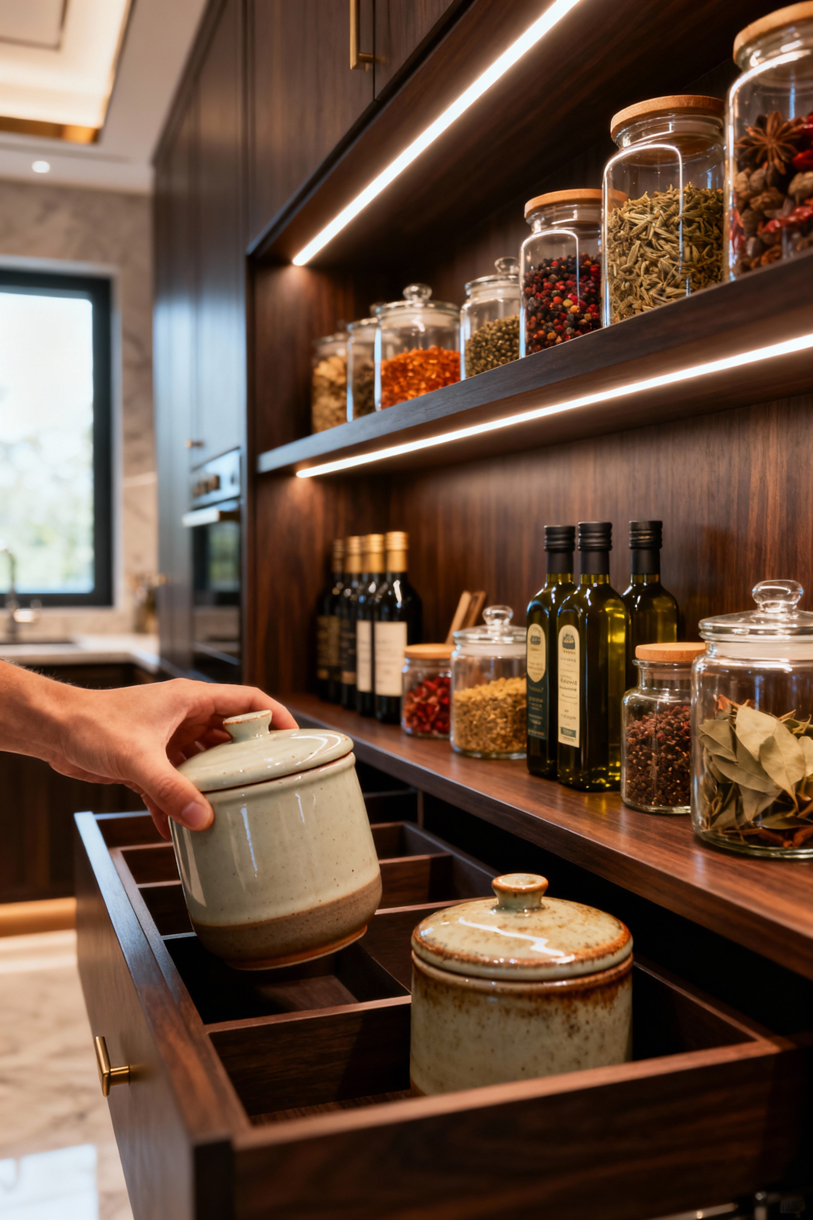 Clean, organized luxury kitchen pantry showcasing custom cabinetry and curated gourmet items, illustrating the 'one-in, one-out' inventory principle for a clutter-free culinary space.