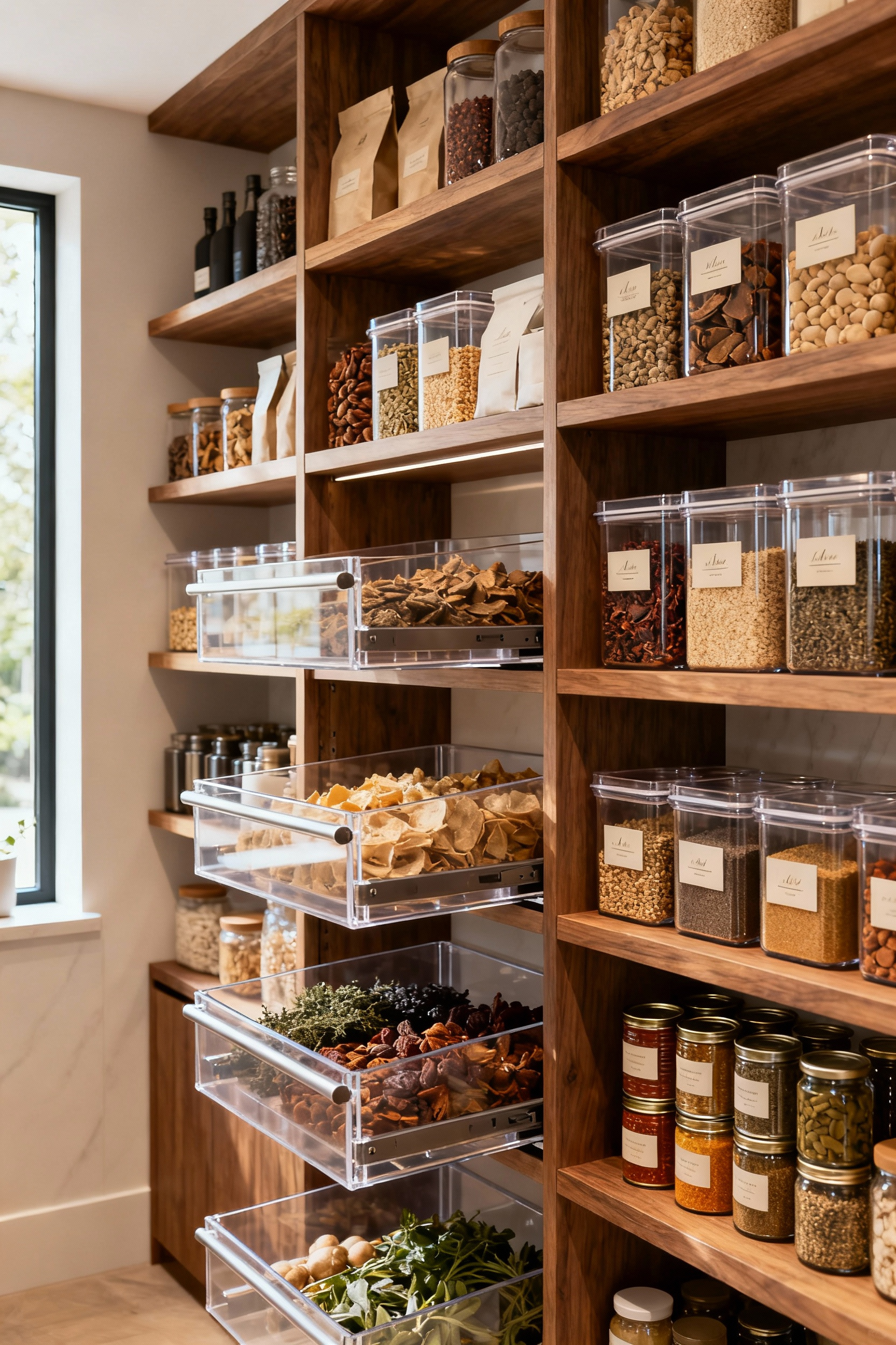 Pristine pantry shelves showcasing First-In, First-Out (FIFO) food rotation with clear, labeled containers, promoting efficient food storage and waste reduction.