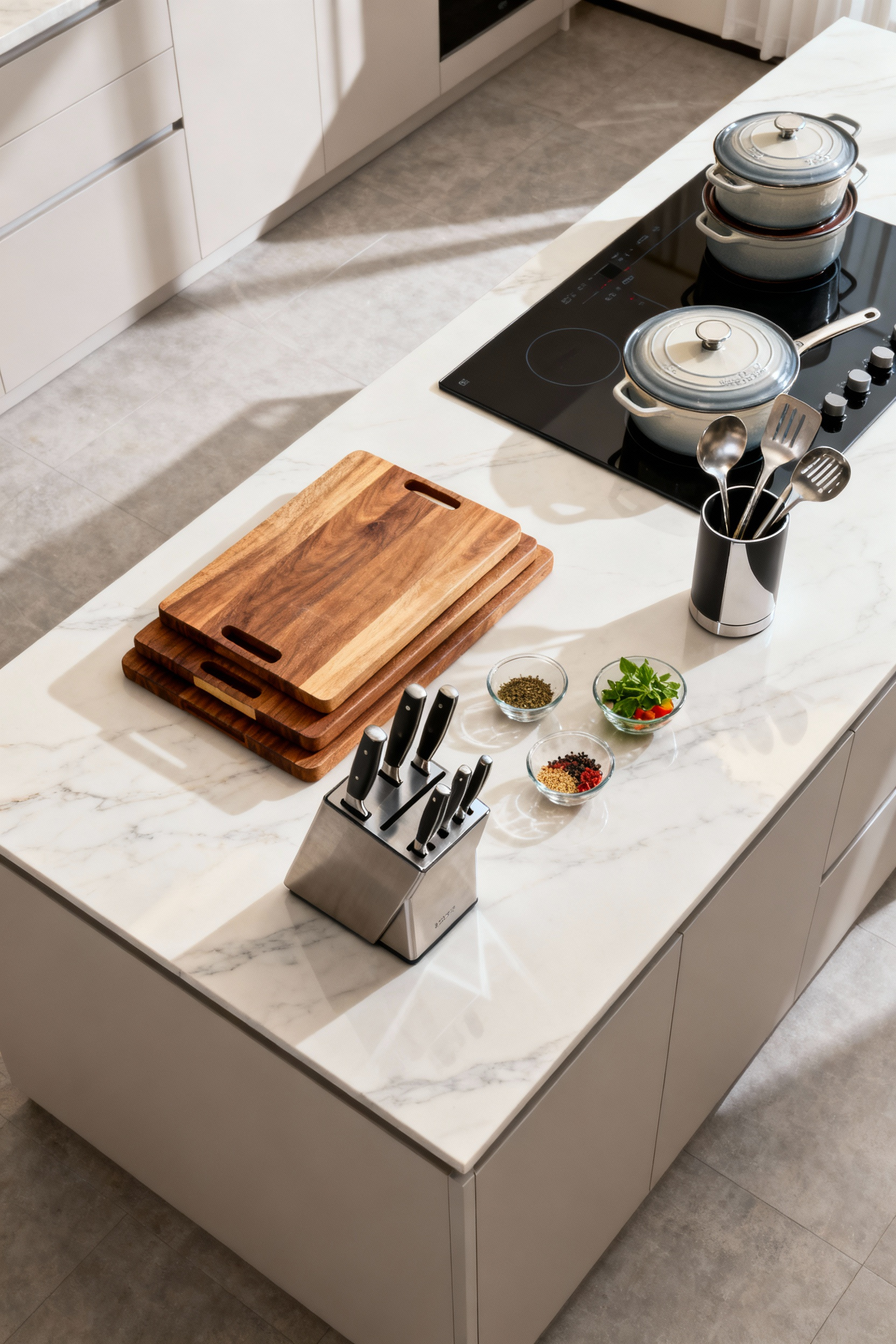Modern kitchen island demonstrating efficient zonal storage for food preparation and cooking, with organized tools and ingredients.
