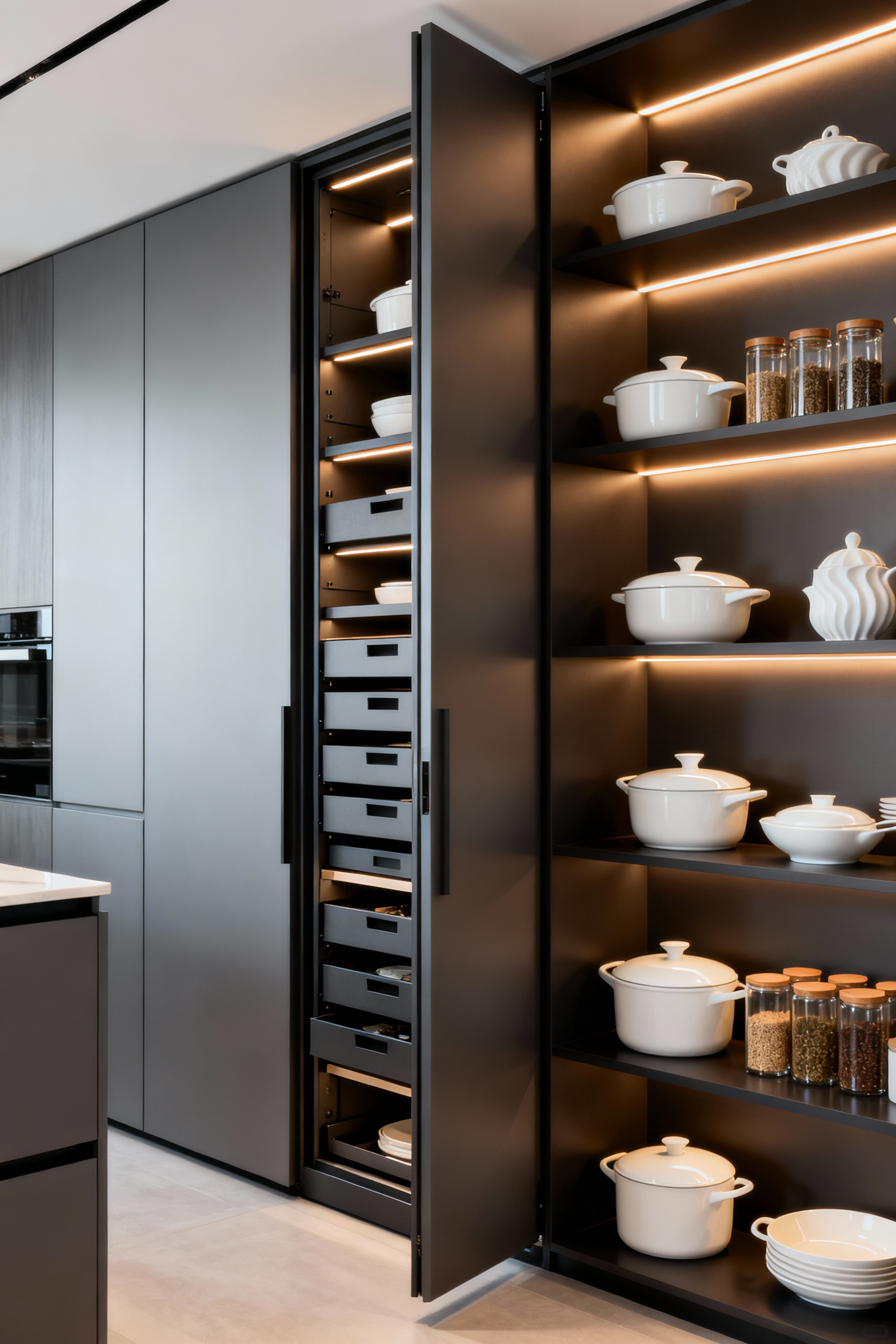 Contemporary kitchen showcasing a minimalist wall pantry with integrated tiered pull-out storage and elegant open shelving, highlighting efficient vertical kitchen storage.