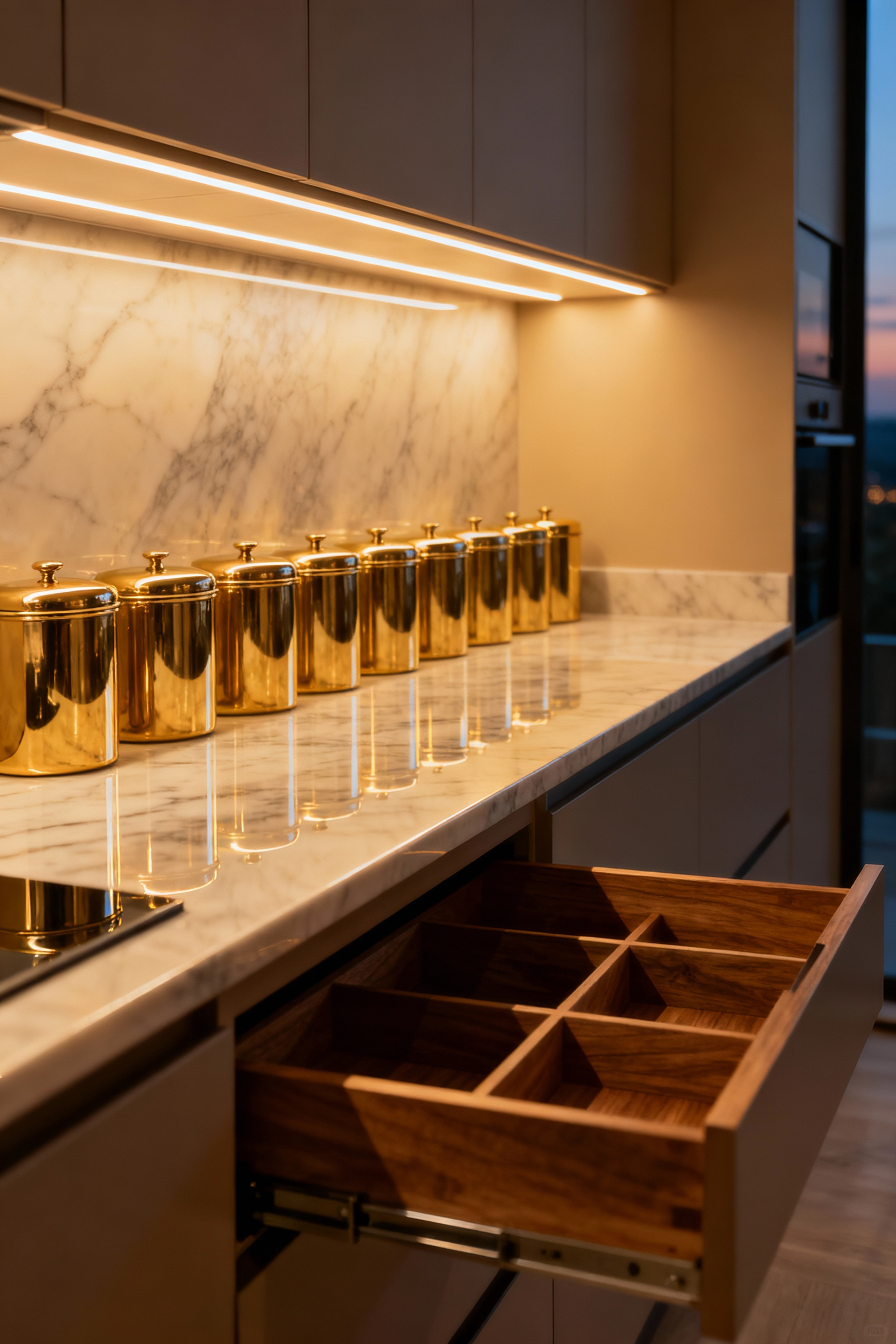 Luxurious kitchen with perfectly aligned white ceramic canisters on a pristine marble countertop, reflecting warm under-cabinet lighting, showcasing unwavering order from a daily reset protocol.