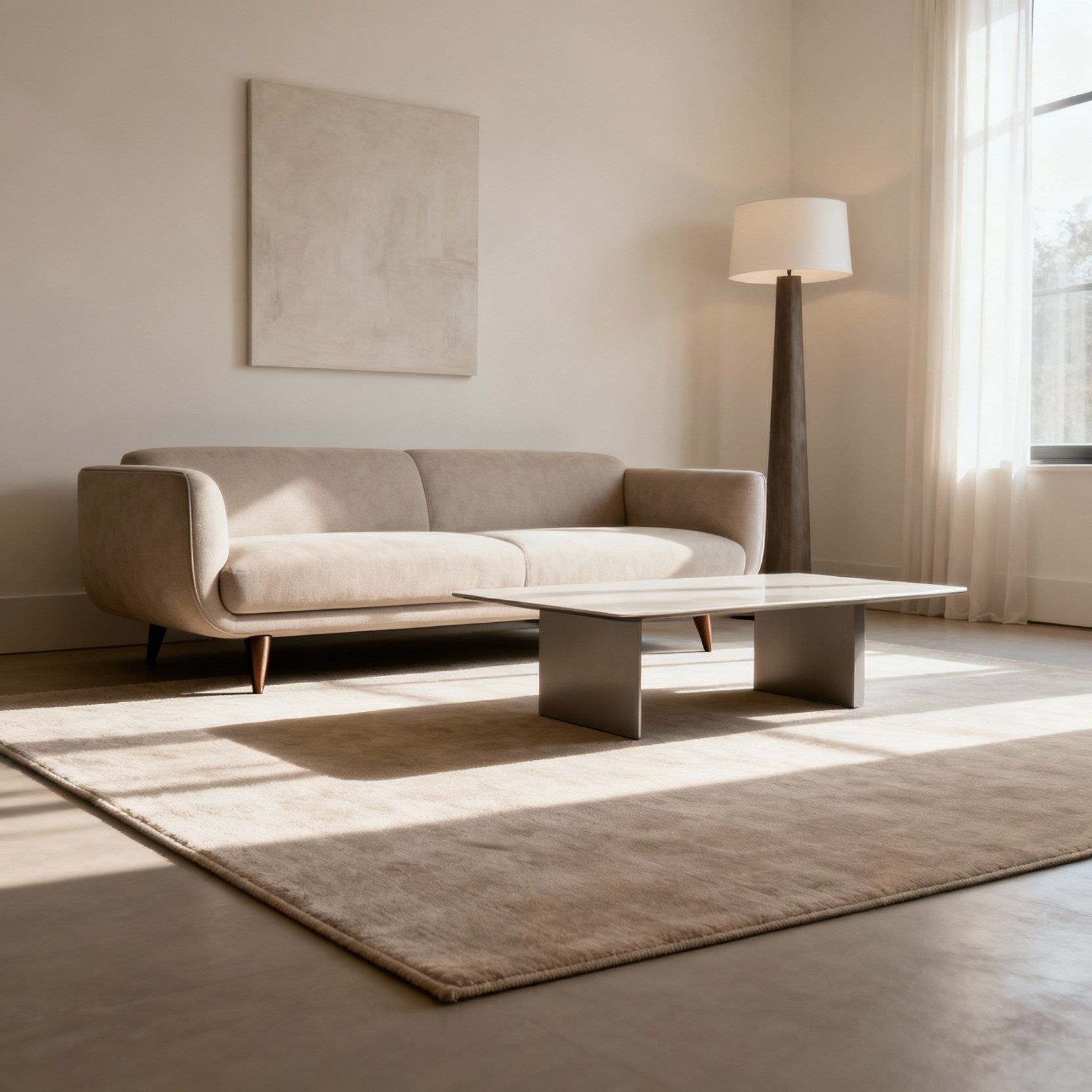 Elegant living room with a large, light-colored area rug, showcasing a modern sofa with its front two legs placed on the rug, and a minimalist coffee table, illustrating proper rug placement.