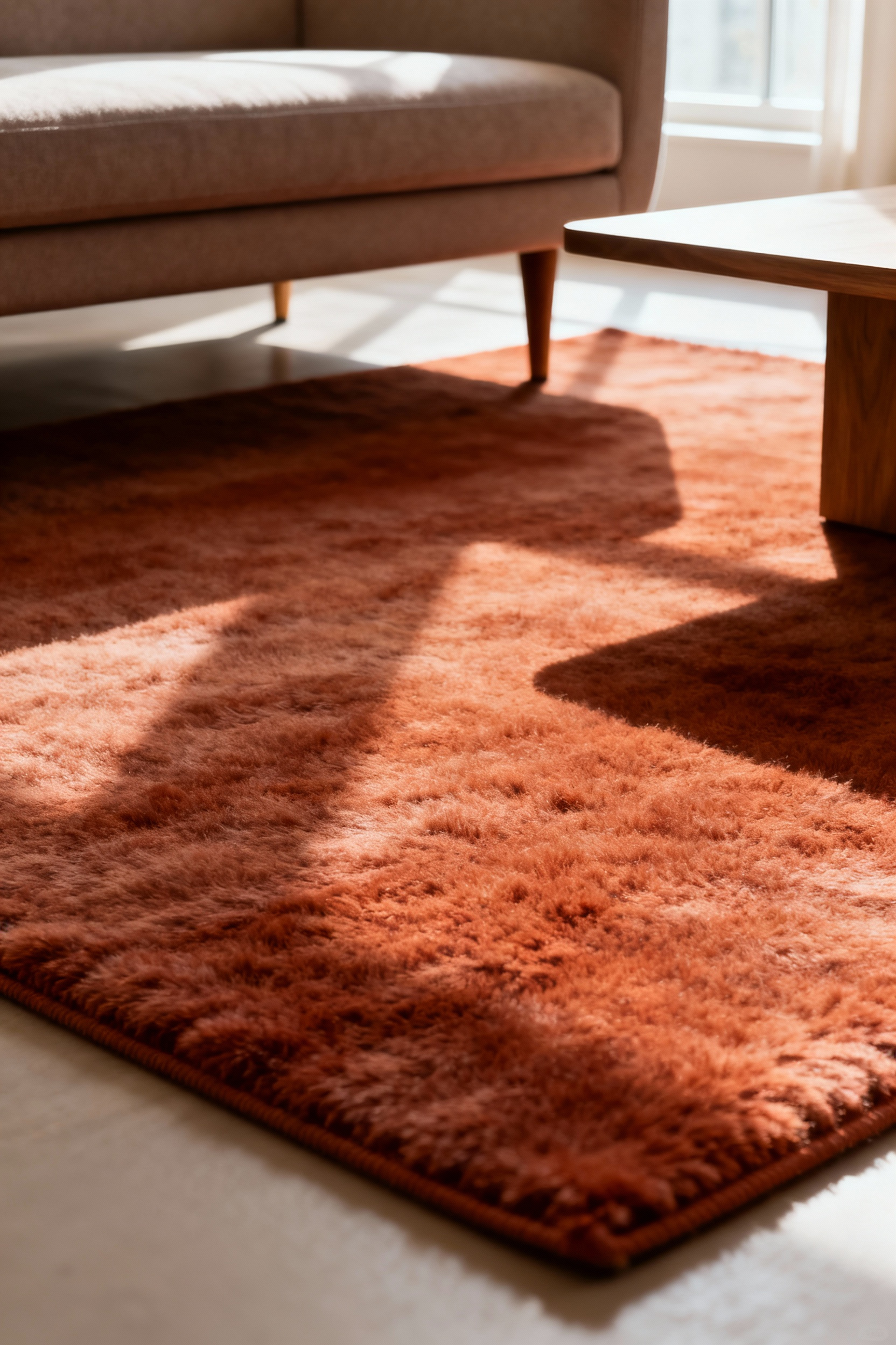 A professional photo of a living room featuring a large, plush terracotta wool rug anchoring a comfortable sofa and coffee table, bathed in warm, natural light. The rug's deep pile texture creates a cozy and inviting atmosphere, evoking warmth and belonging.