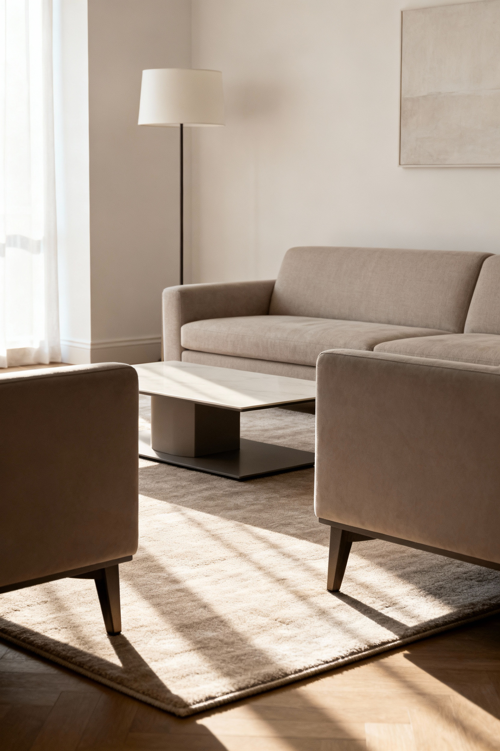 Elegant living room with a large, light-colored area rug, showcasing a modern sofa with its front two legs placed on the rug, and a minimalist coffee table, illustrating proper rug placement.