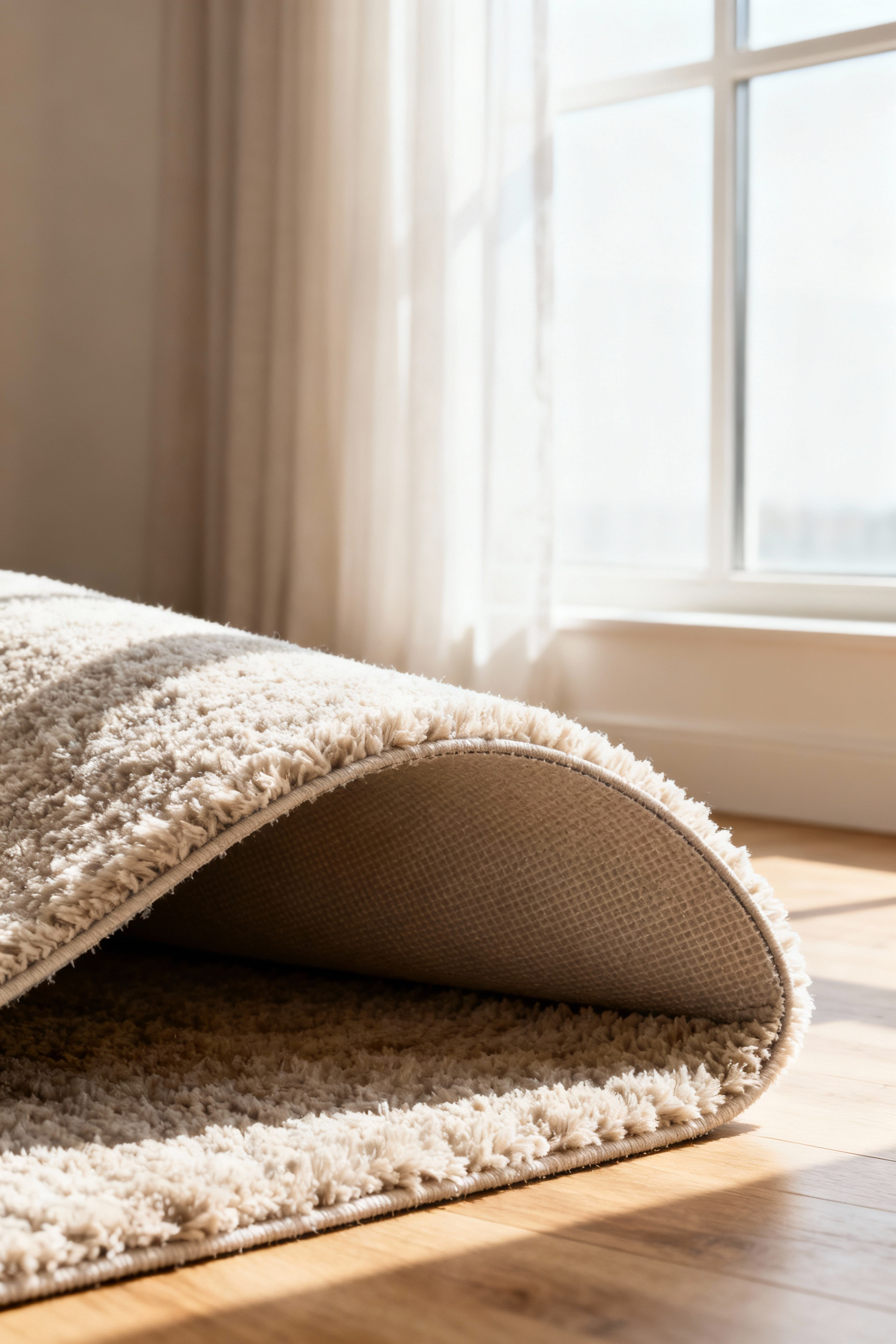 Close-up portrait view of a soft, elegant living room rug lifted to reveal a thick, premium rug pad underneath, showcasing enhanced underfoot comfort and support.