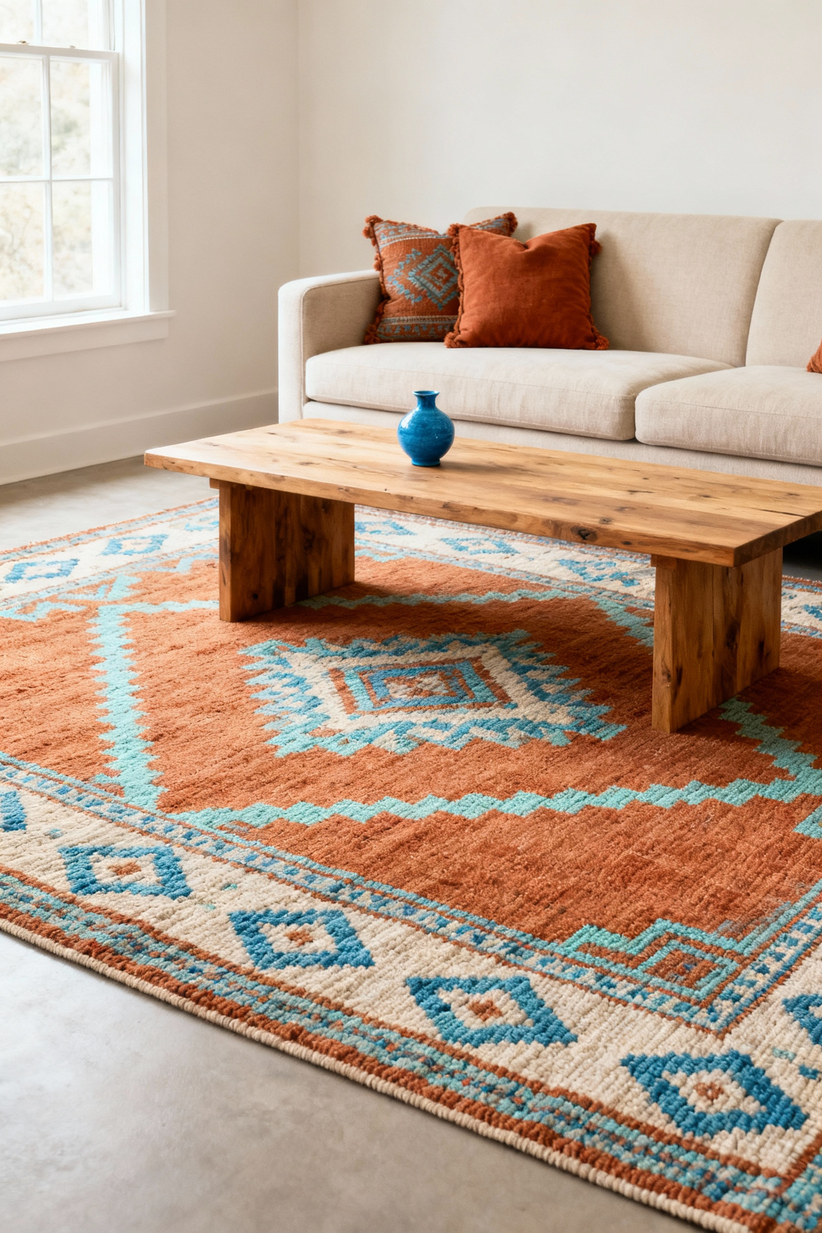 Stylish living room with a beige sofa, natural wood coffee table, and an accent rug featuring terracotta and cerulean blue patterns. Terracotta pillows and a cerulean vase tie the rug's accent hues into the room's color palette.