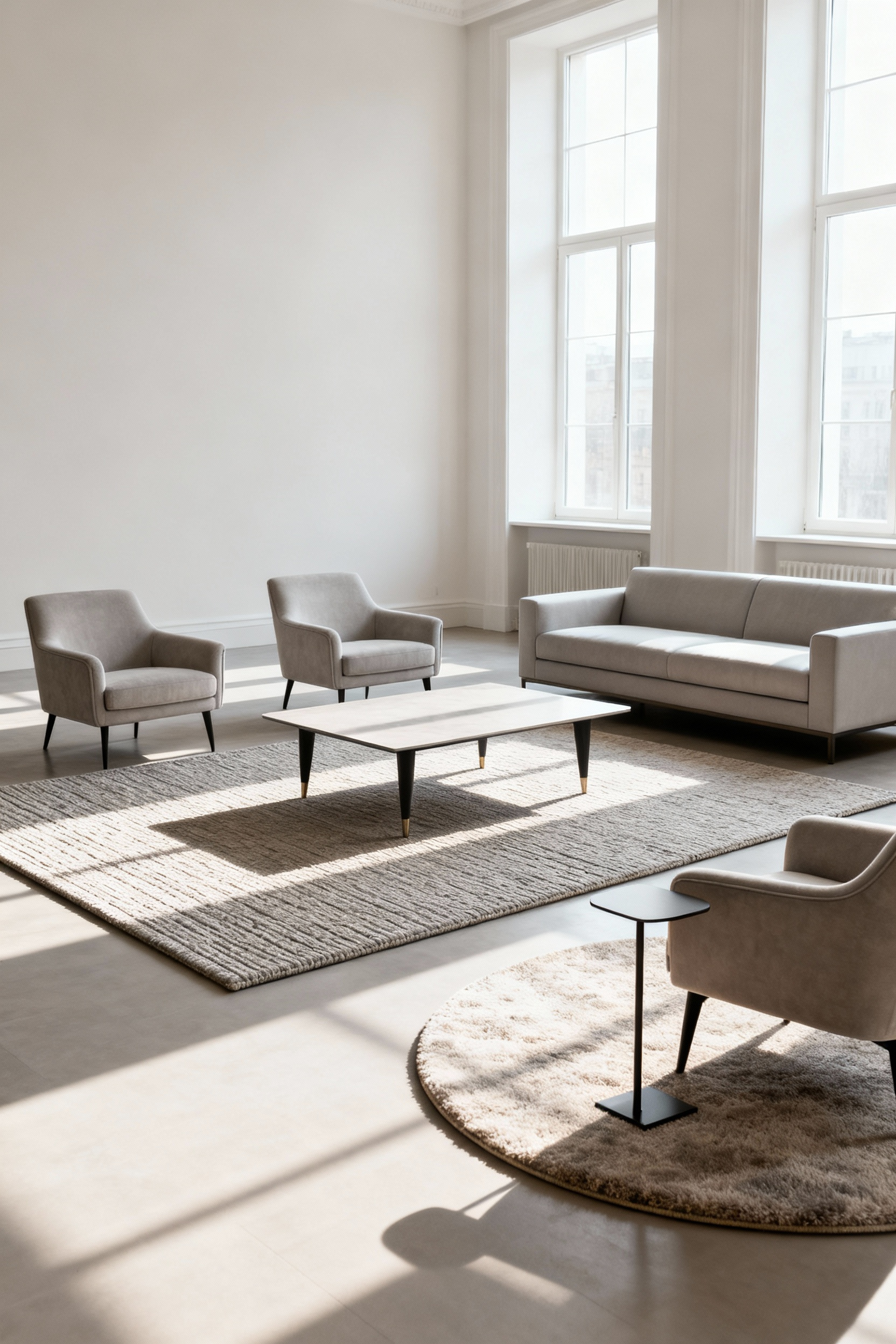 Open-concept living room showing a large rectangular area rug defining a conversation zone with a sofa and armchairs, and a smaller circular rug delineating a reading nook, showcasing spatial zoning with rugs.